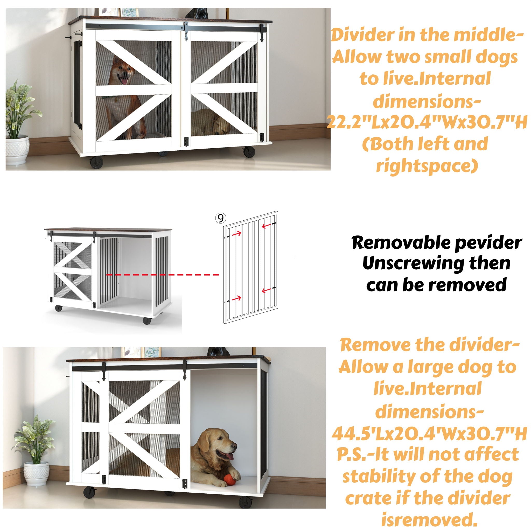Mobile Dog Crate With Flip Top Feeding Door, Dual Access & 5 Caster System (2 Locking) - Brown White