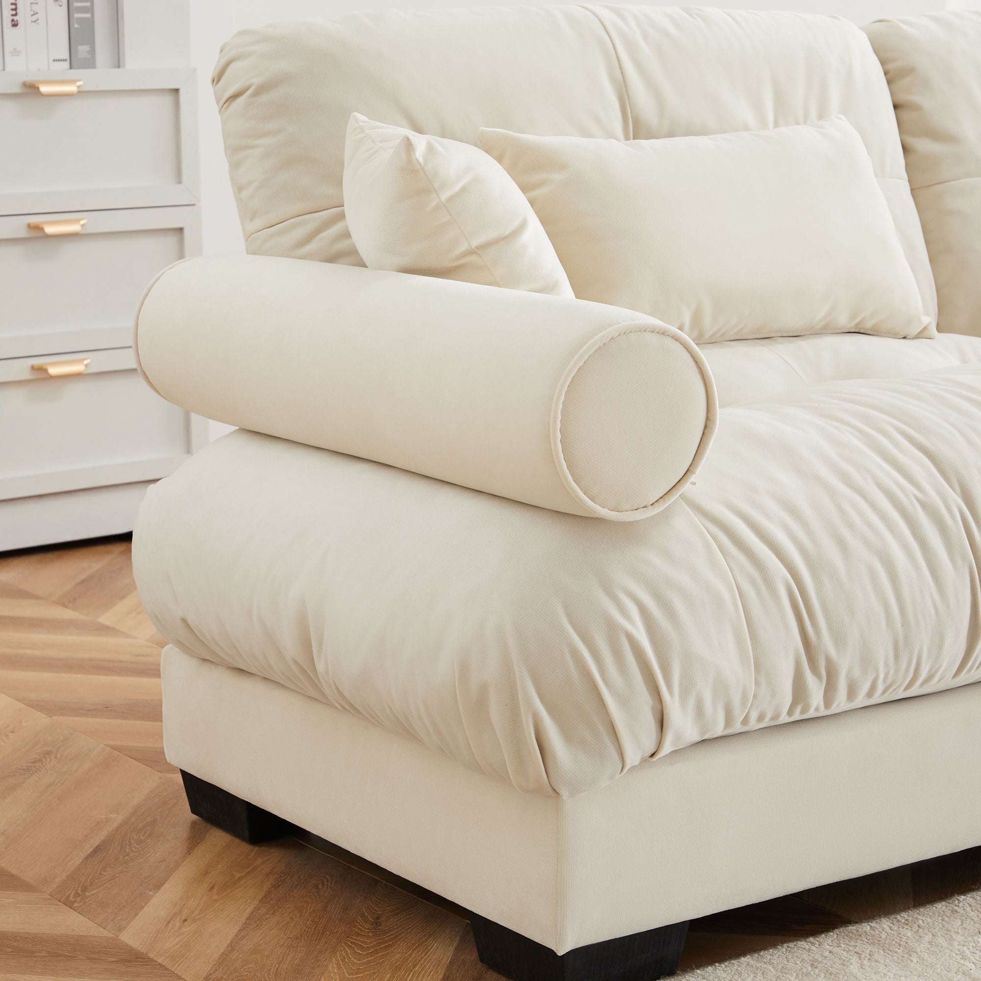 Modern Sectional Sofa With Ottoman, Round Bolster Armrests, Waist And Throw Pillows