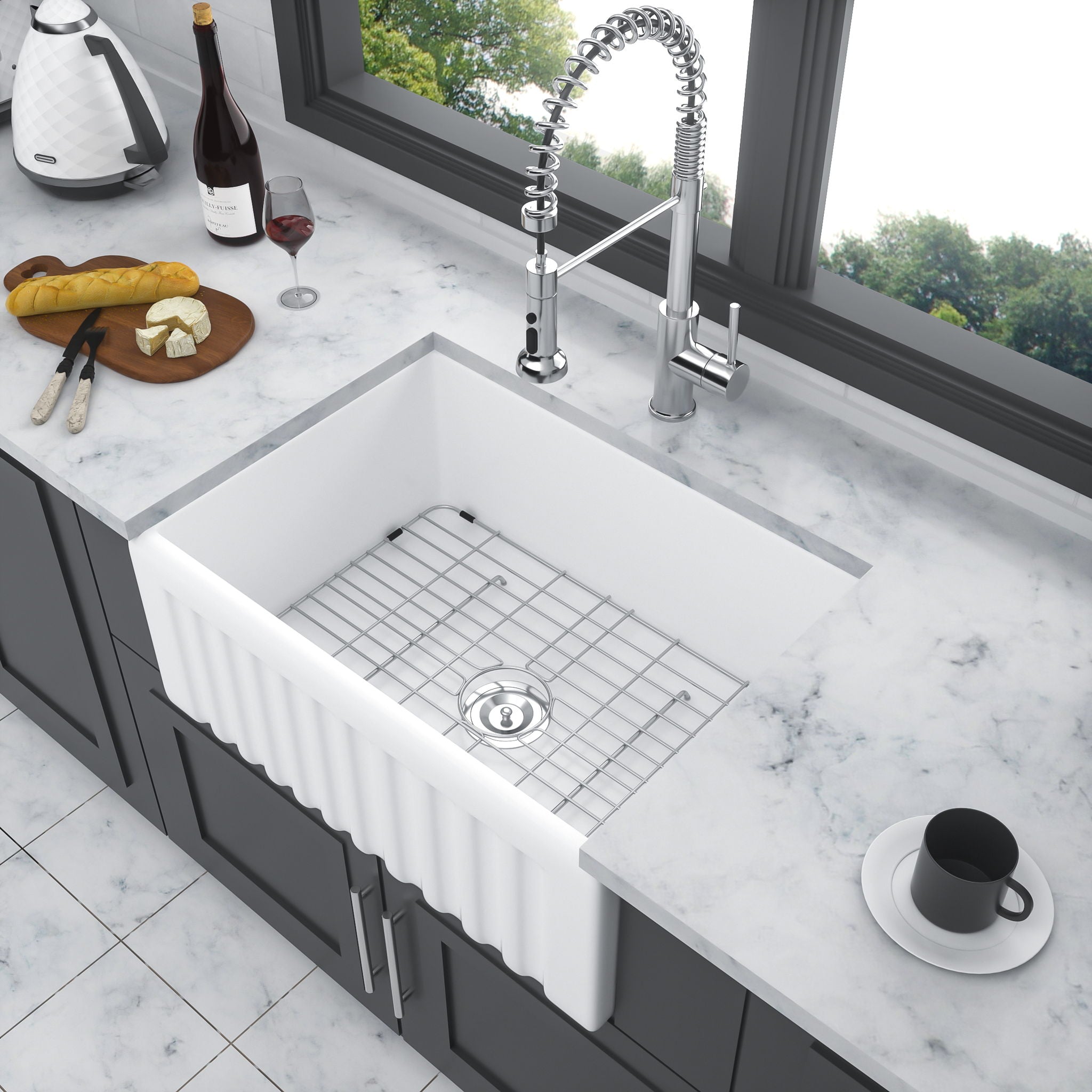 Elegant Farmhouse Apron Front Ceramic Single Bowl, Kitchen Basin