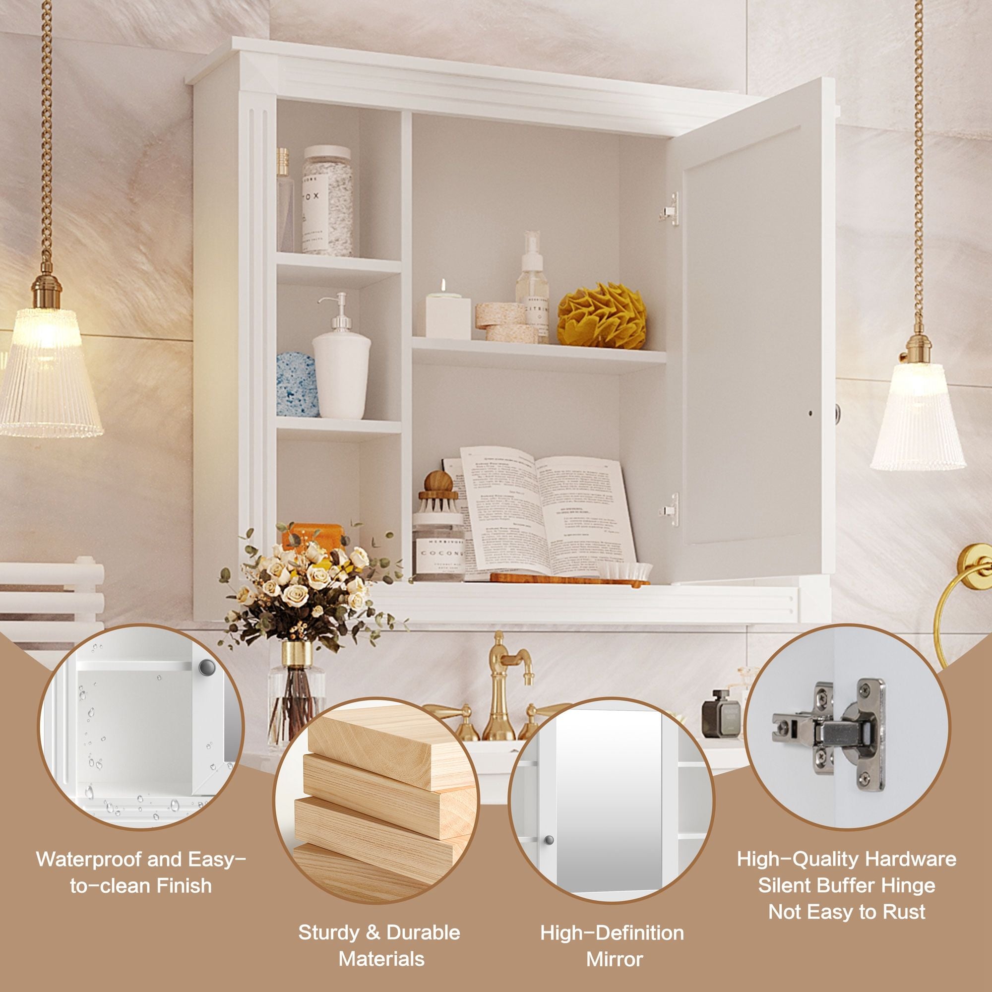 Wall Mounted Bathroom Storage Cabinet With Mirror, 6 Open Shelves
