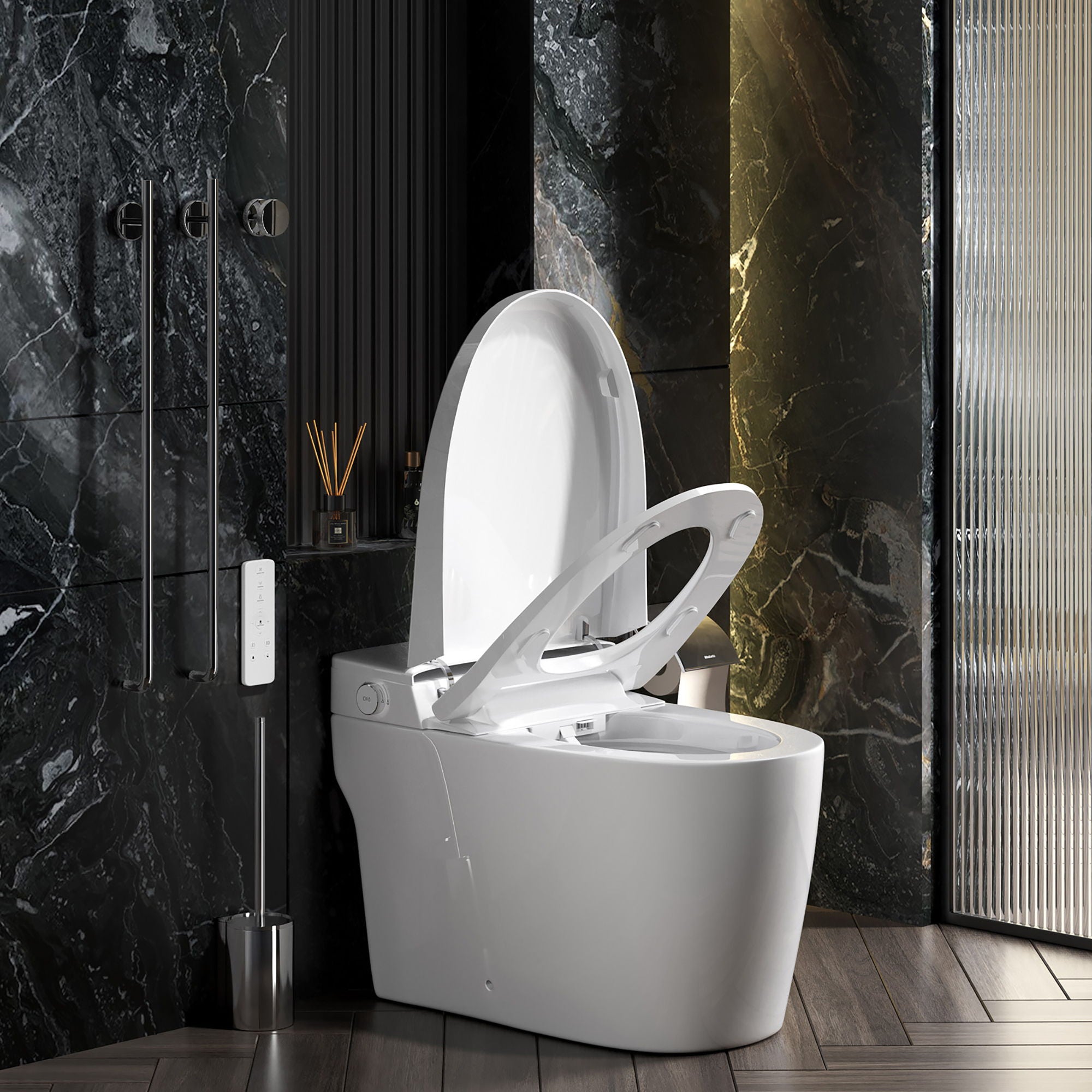 Smart 1 Piece Bidet Toilet With Warm Air Dryer Heated Seat LED Night Light Auto Open / Close - White