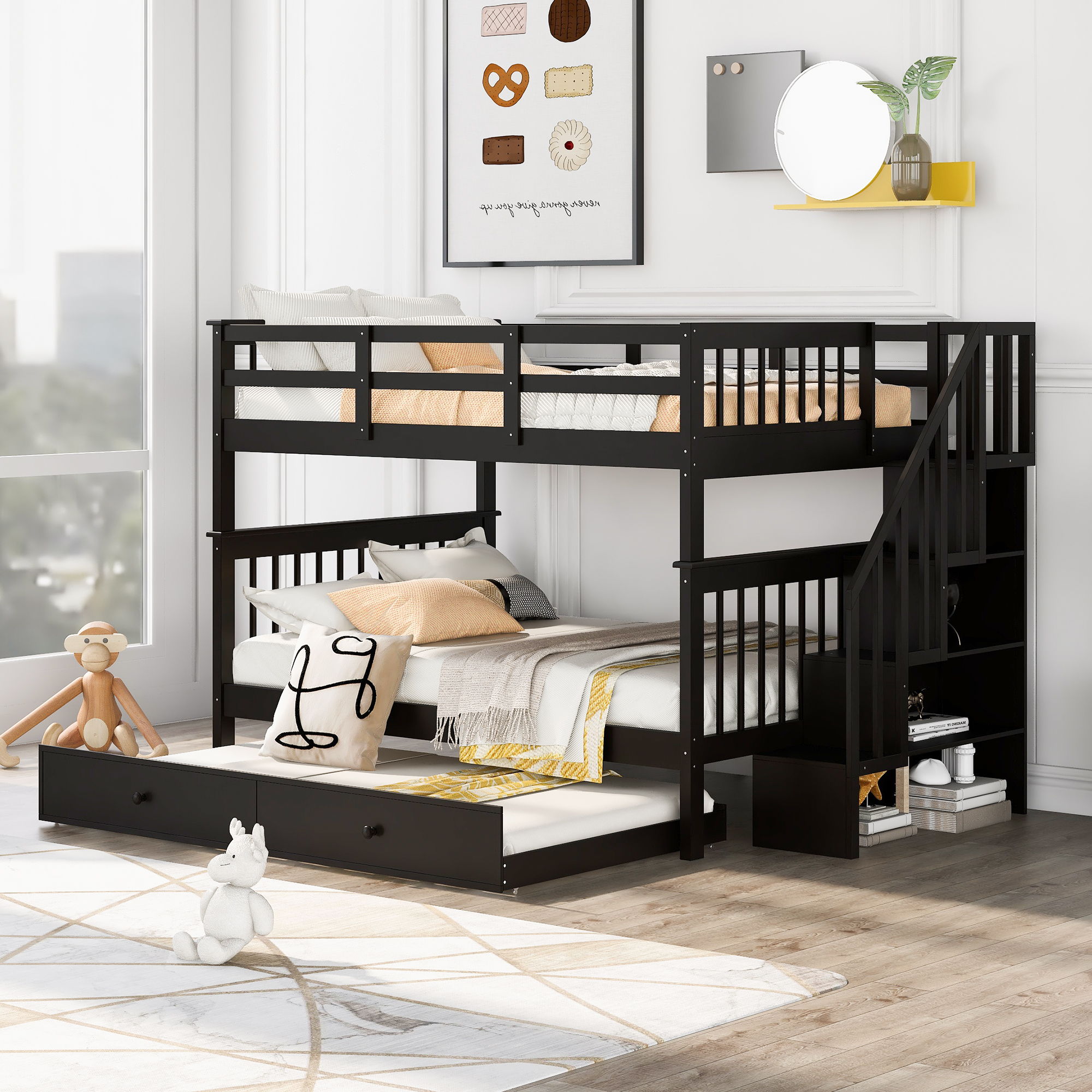 Stairway Bunk Bed With Storage And Guard Rail For Bedroom