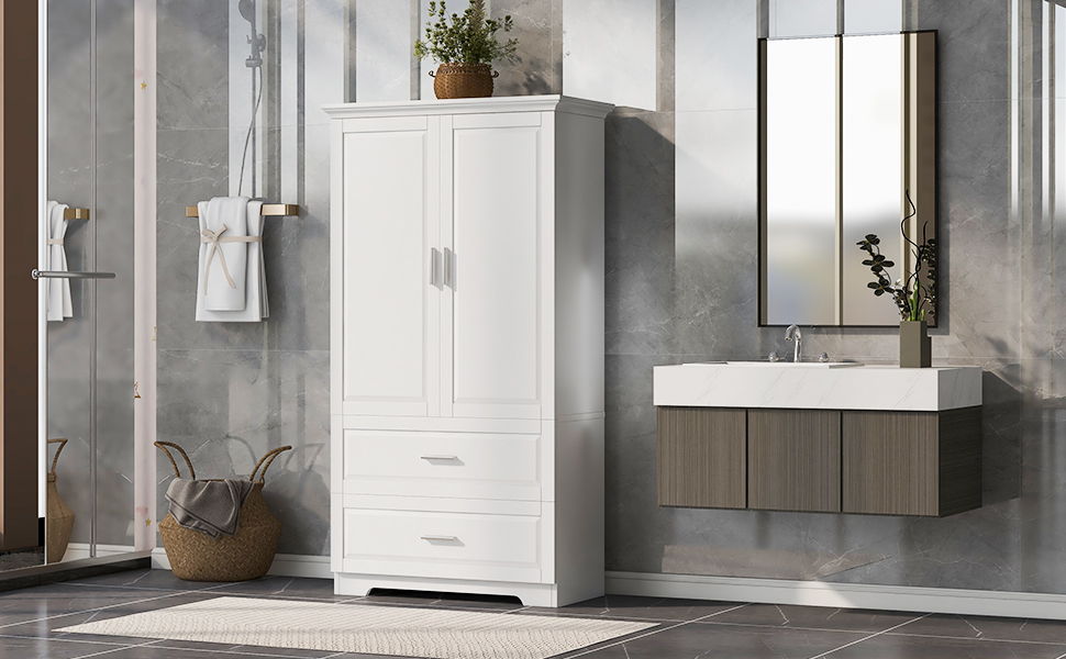 Tall Bathroom Storage Cabinet, Cabinet With 2 Doors And Drawers, Adjustable Shelf