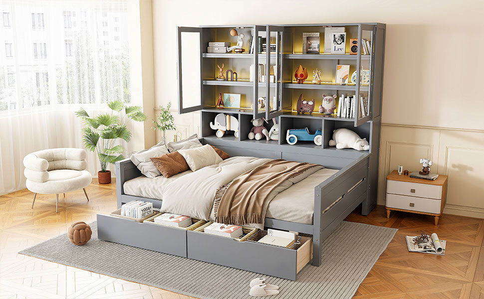 Daybed With Glass Door Storage Cabinets, Built In LED Lighting And Shelves