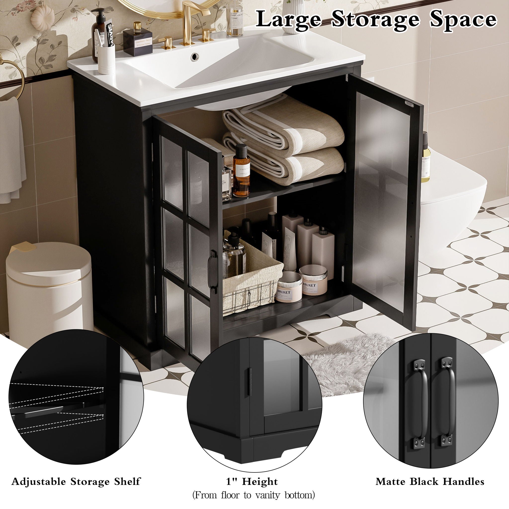 Modern Bathroom Vanity With Ceramic Sink, Tempered Blurred Glass Doors