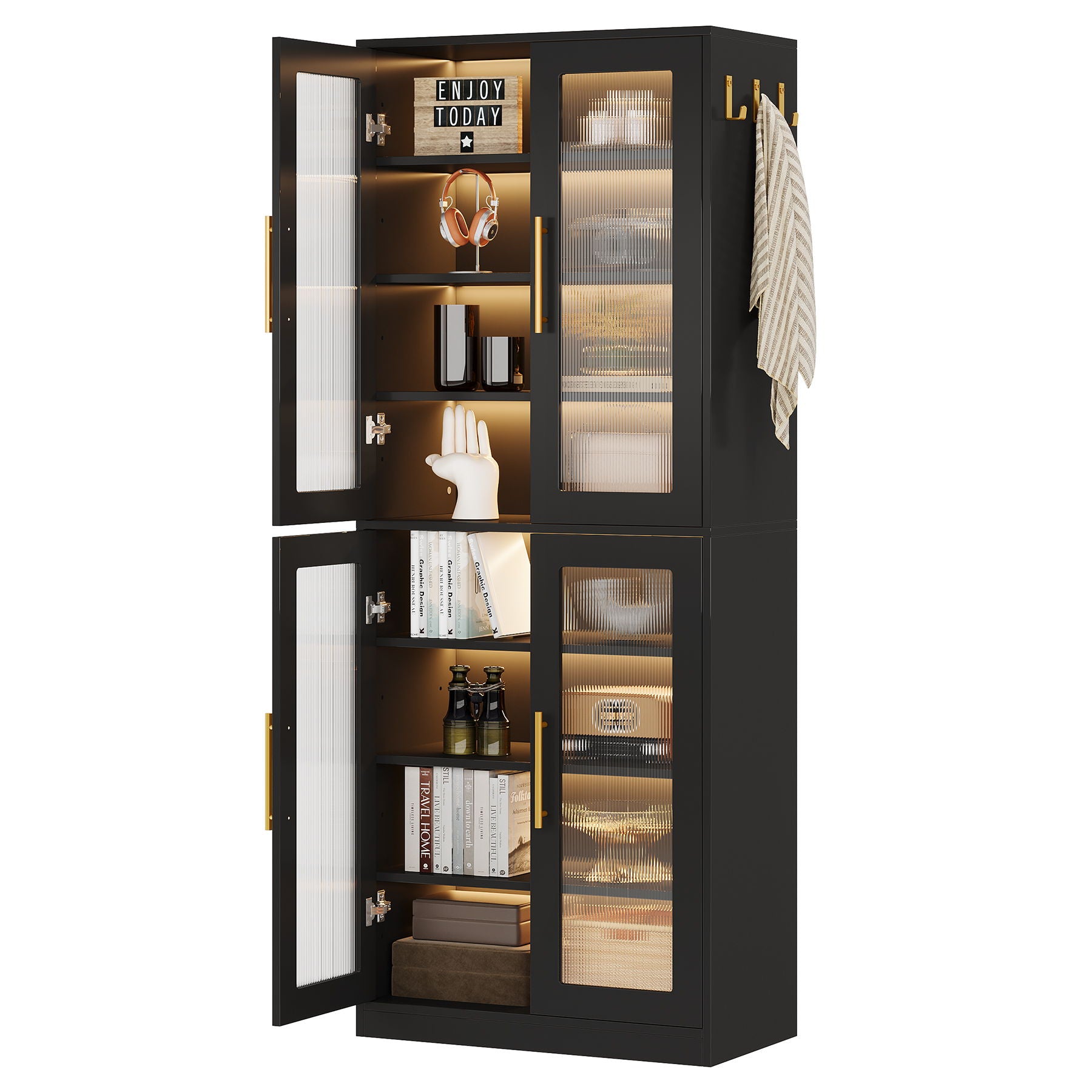 Bookcase With Doors And LED Lighting, 8 Adjustable Shelves Storage Cabinet