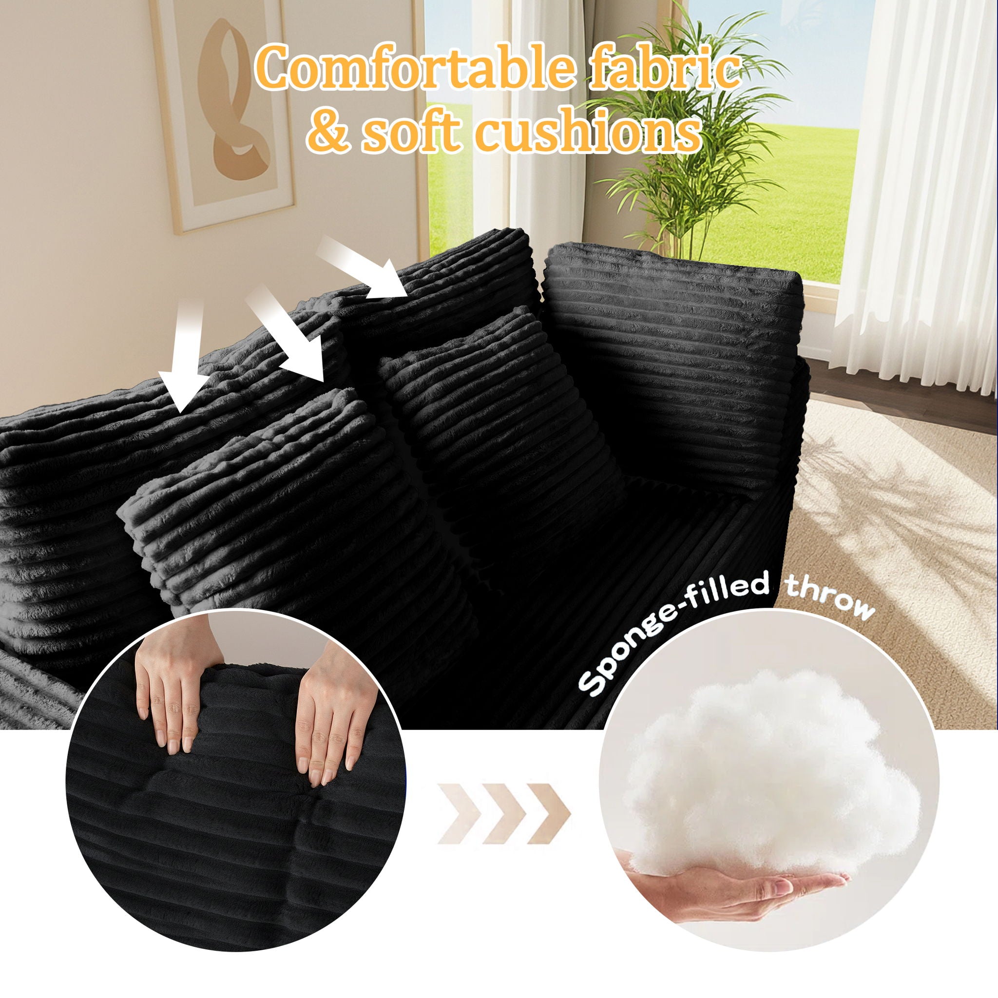 Modular U-Shaped Sectional Sofa, 6 Seater Chaise Lounge With Reversible Design - Black