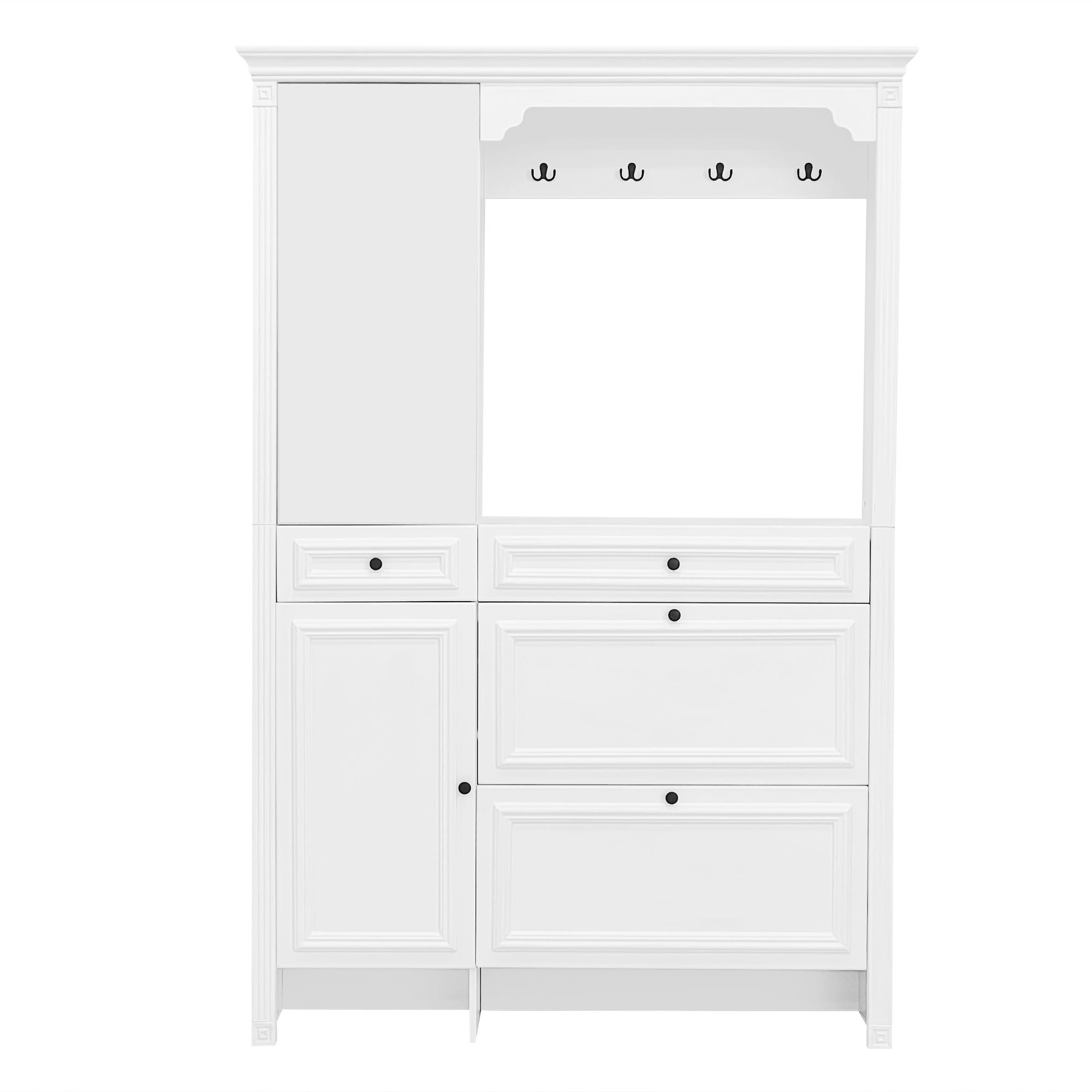 Hall Tree With Integrated Shoe Cabinet And Mirrored Cabinet Door, Coat Hanger, Entryway Bench, 4 In 1 Design, 2 Flip Drawers, 4 Hooks And 2 Cabinets For Entrance, Living Room - White