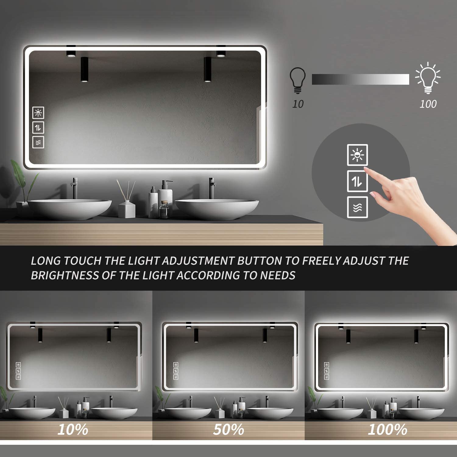 LED Bathroom Mirror, Anti Explosion Glass, Rust Resistant, Anti Fog, Tri Color