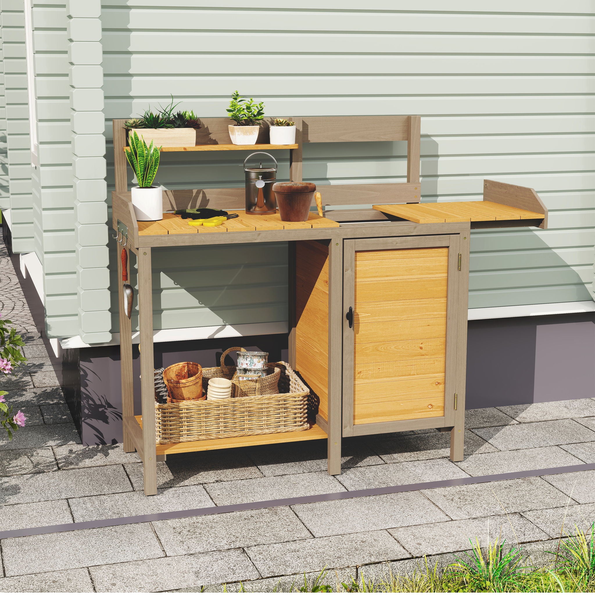Outdoor Potting - Bench, Workstation Table With Cabinet For Backyard Garden Supplies - Brown / Gray