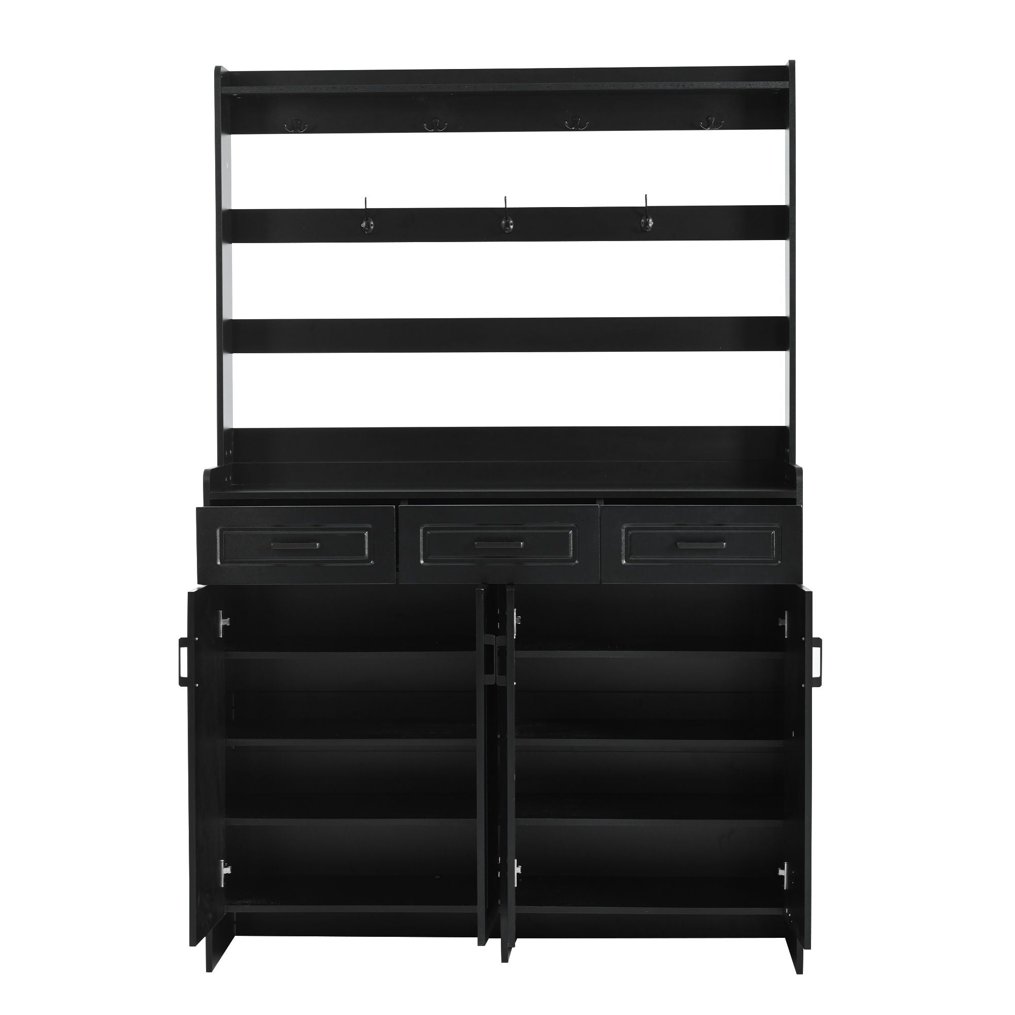 Minimalist 4 Door Shoe Cabinet With Coat Rack, 3 Drawers, 8 Shelves, Metal Hooks And Handles