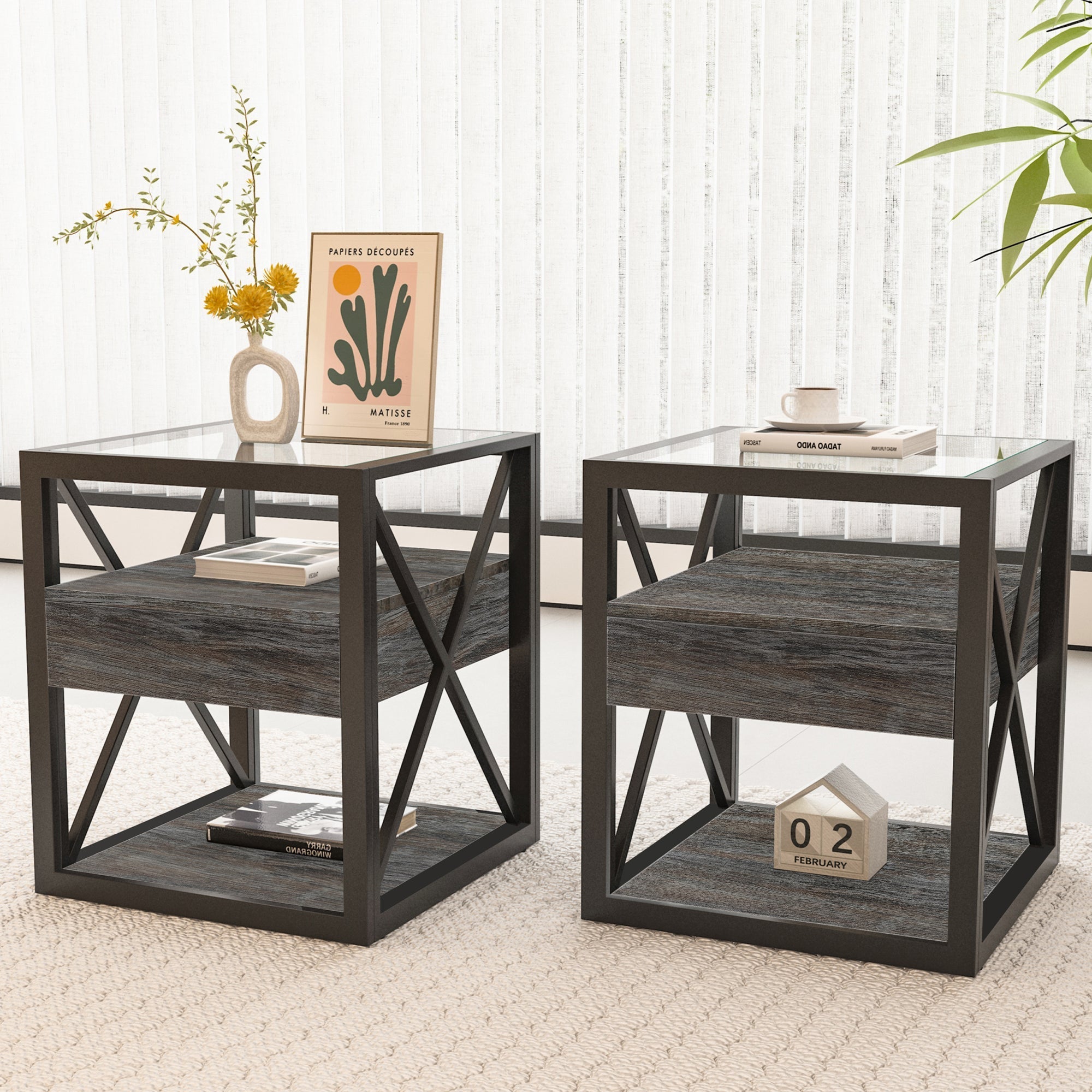 Set of 2 Modern End Tables with Drawer - Nightstand