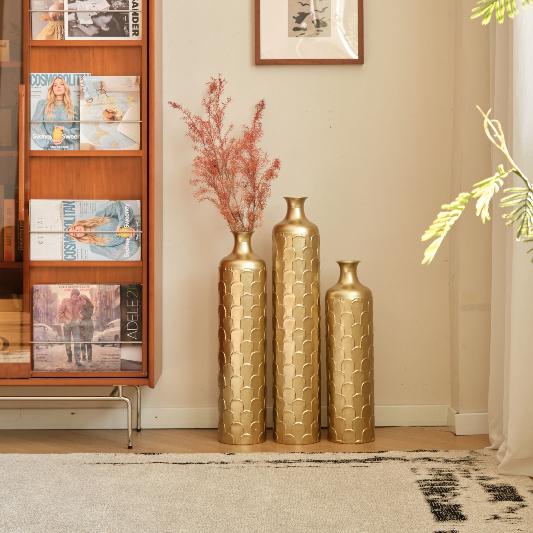 Floor Metal Vases Decorated White Metal Vases (Set of 3) Gorgeous Home Decoration Large Glazed Metal Vases - Golden