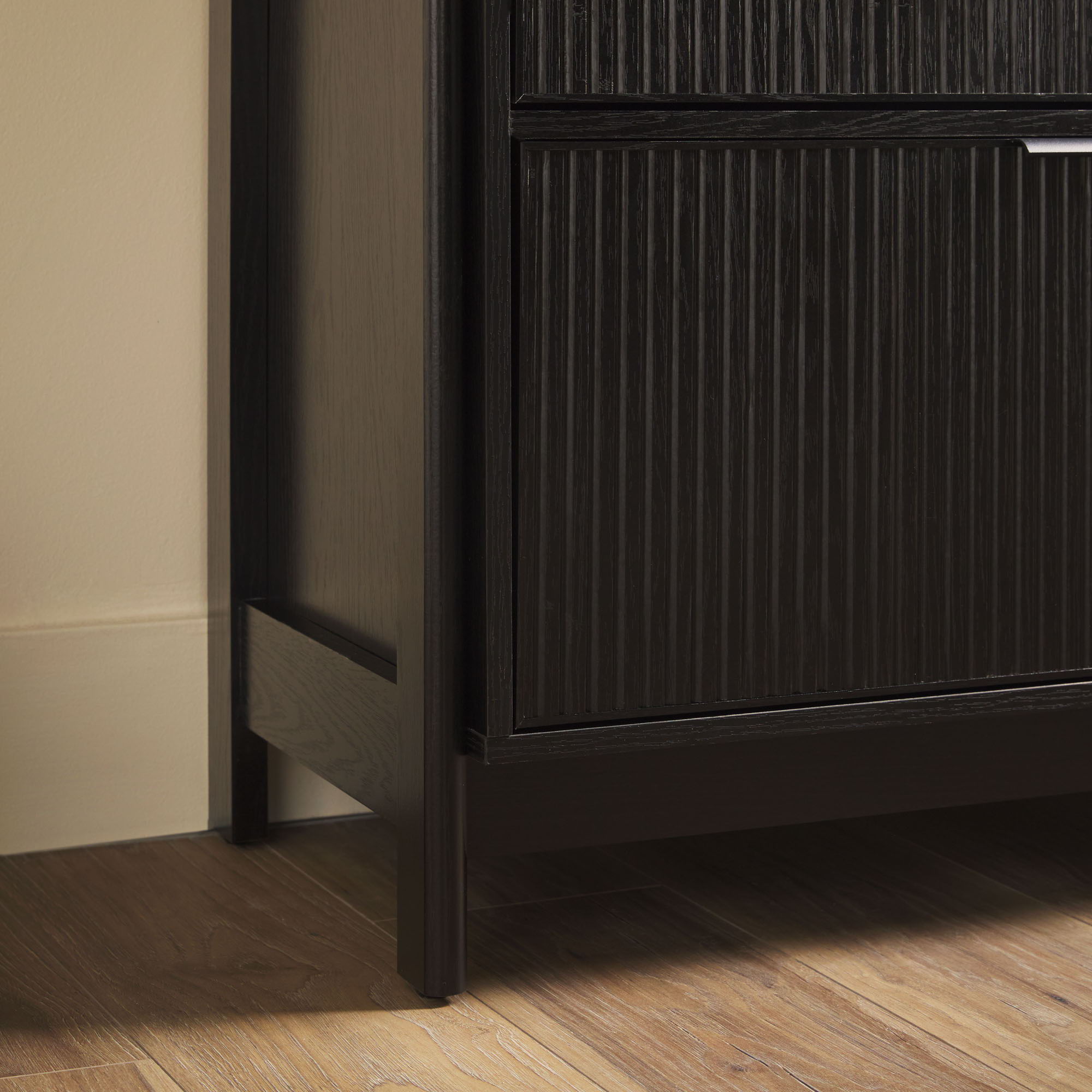 Transitional Wide Reeded Bookshelf With Drawers On Bottom