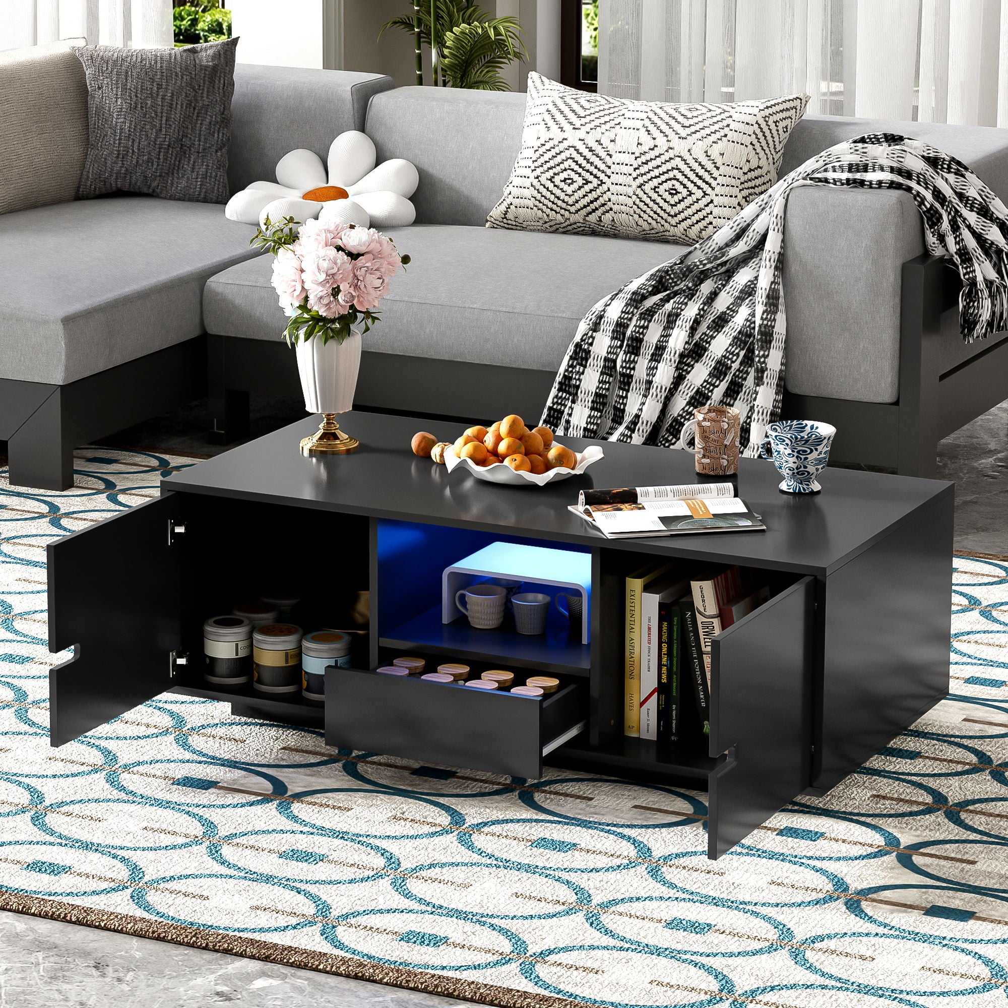 Modern High Glossy Rectangle Coffee Table With 16 Color LED Lights For Living Room