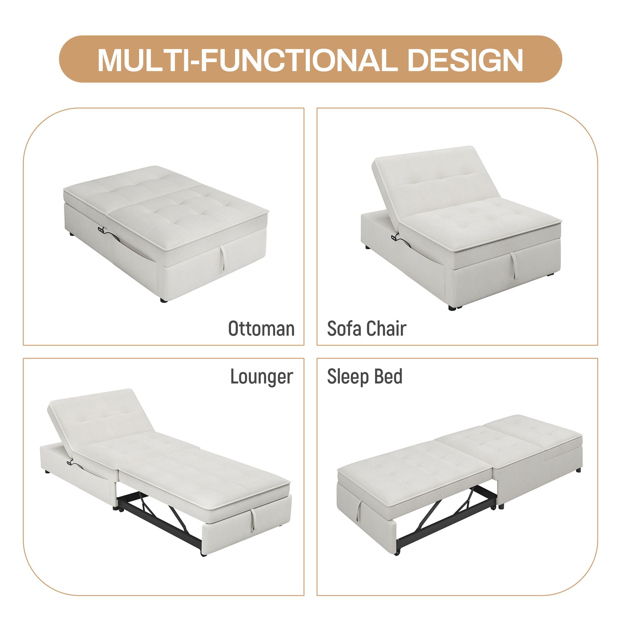4 In 1 Sofa Bed, Multi Function Folding Ottoman Bed With Storage Pocket And USB Port For Small Room Apartment