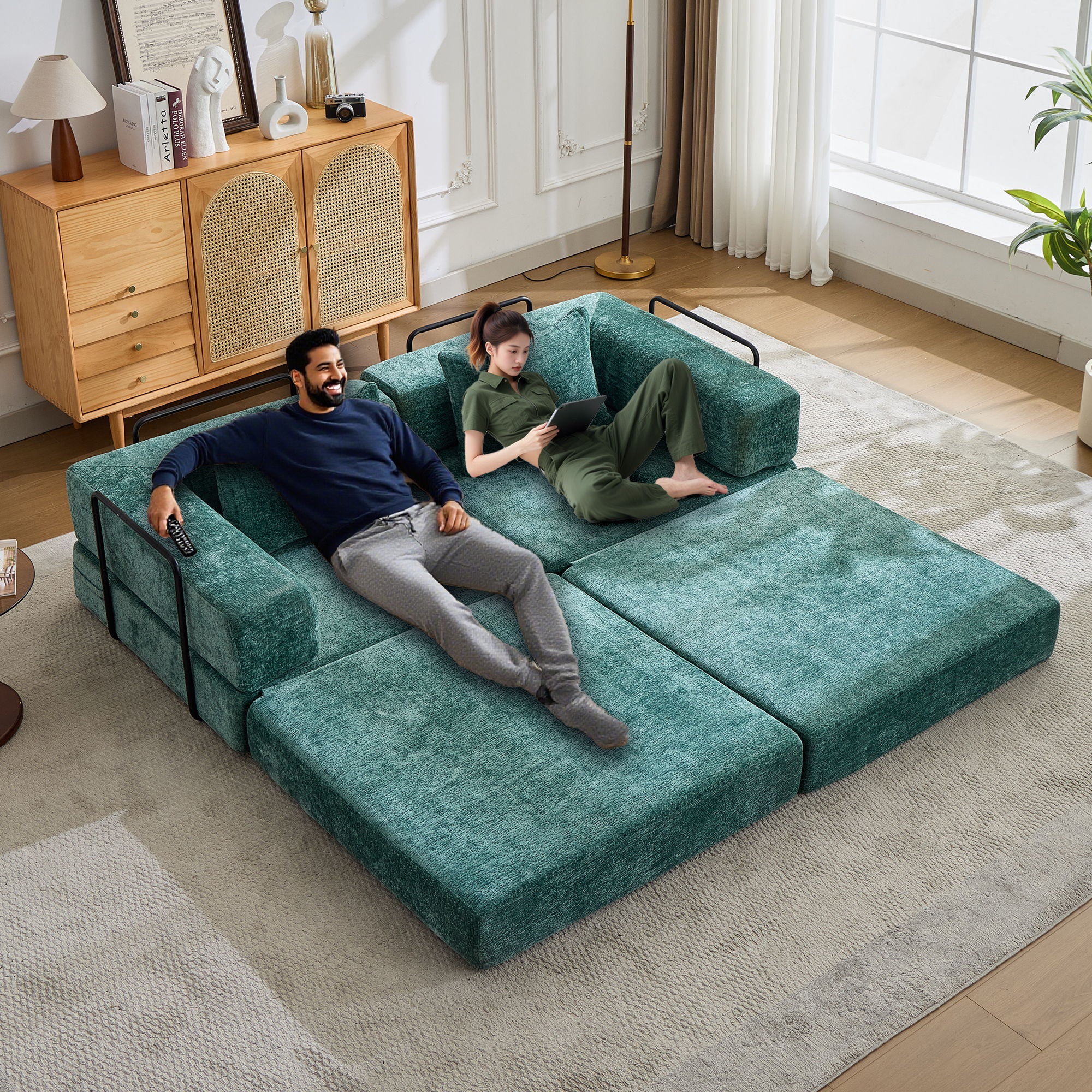Convertible Floor Sofa Bed With Fixed Shape Frame, Loveseats Boneless Modular Sectional, For Living Room - Dark Green