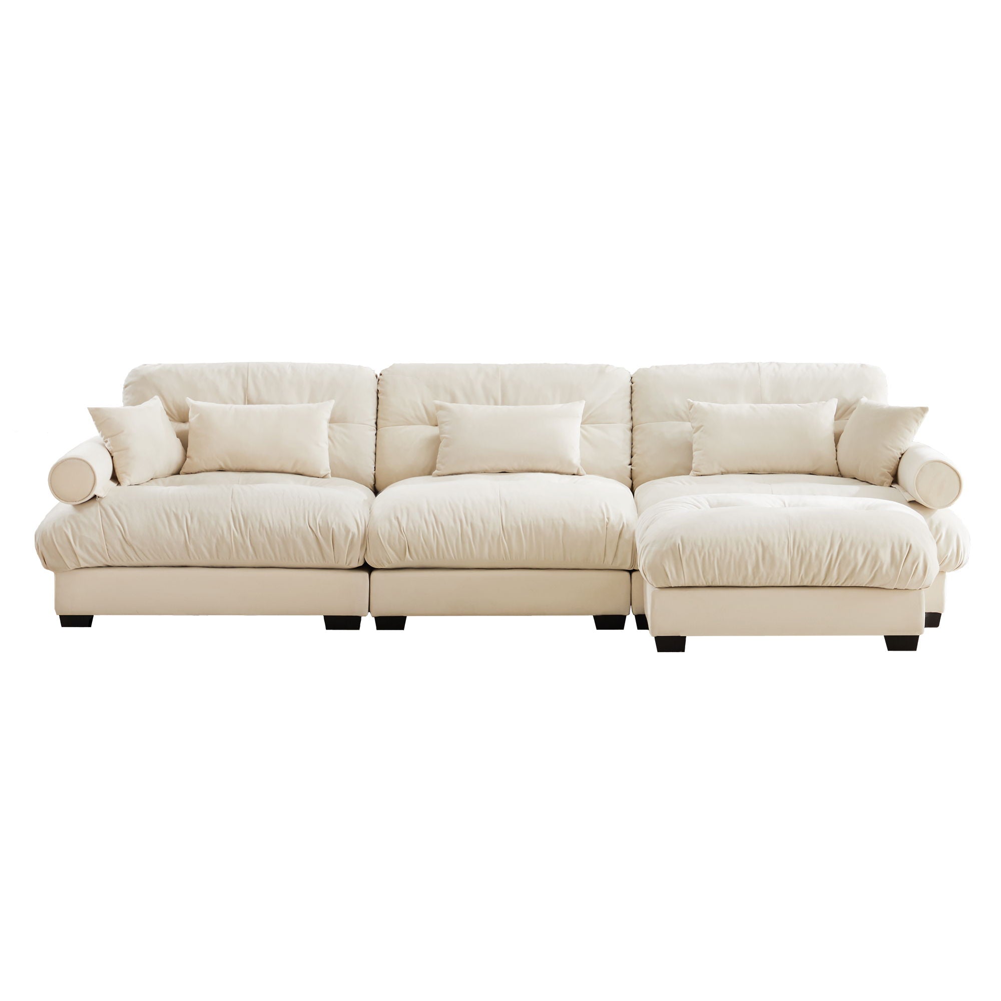 Modern Sectional Sofa With Ottoman, Round Bolster Armrests, Waist And Throw Pillows