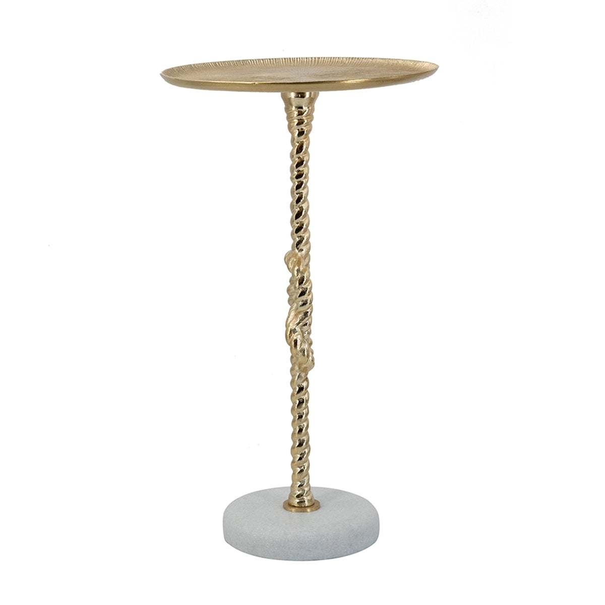 13.8x13.8x24 Gold Side Table with Rope Knot Design and White Marble Base