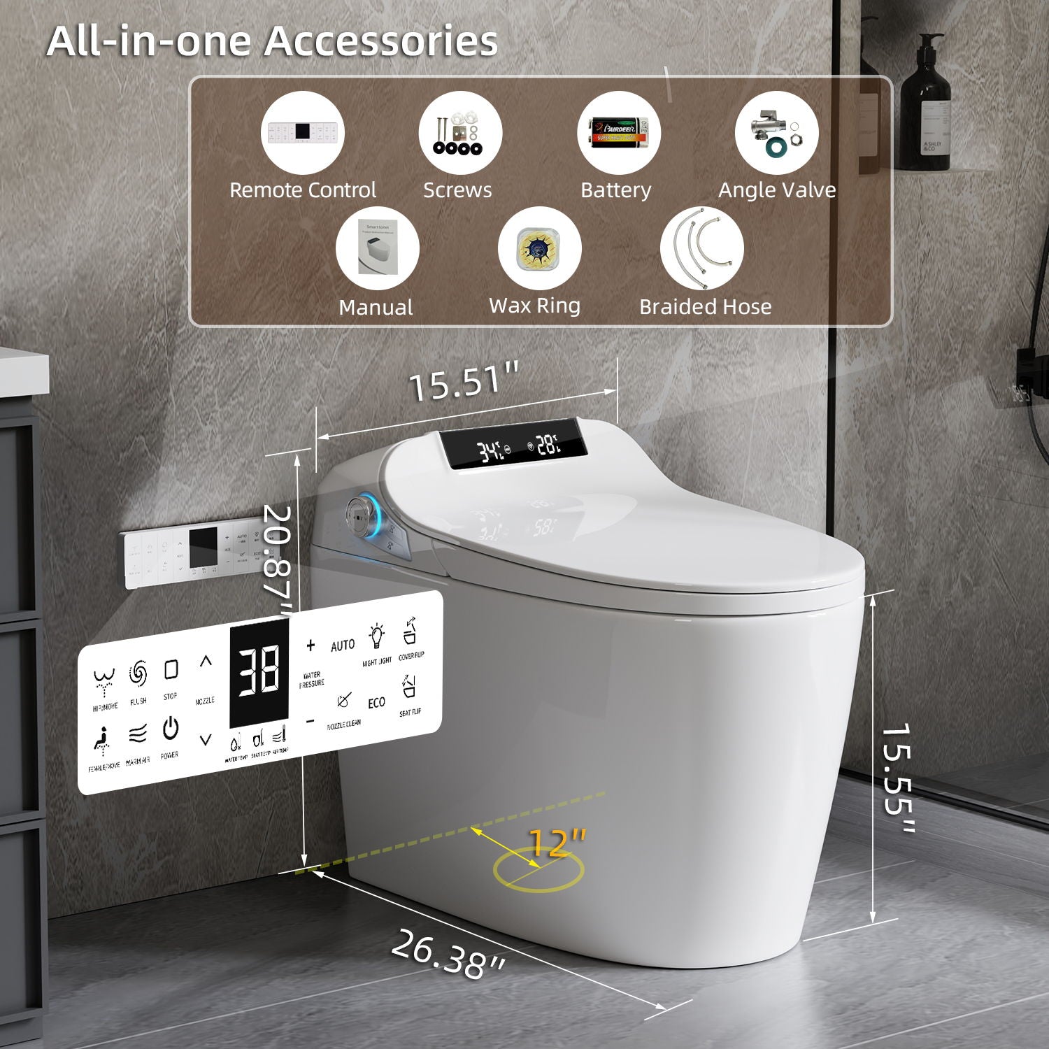 Smart Toilet Bidet Combo With Foot Sensor Open Cover / Seat, Self Cleaning Nozzle, LED Display, Three Level Heated Seat / Airflow, Night Light, Knob Control, Soft Close, Auto Flush, With Remote Control - Gloss White