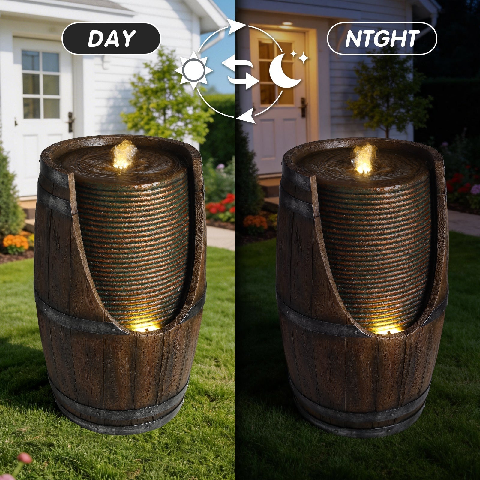 Outdoor Barrel Water Fountain with Lights Rustic Wood Look Resin