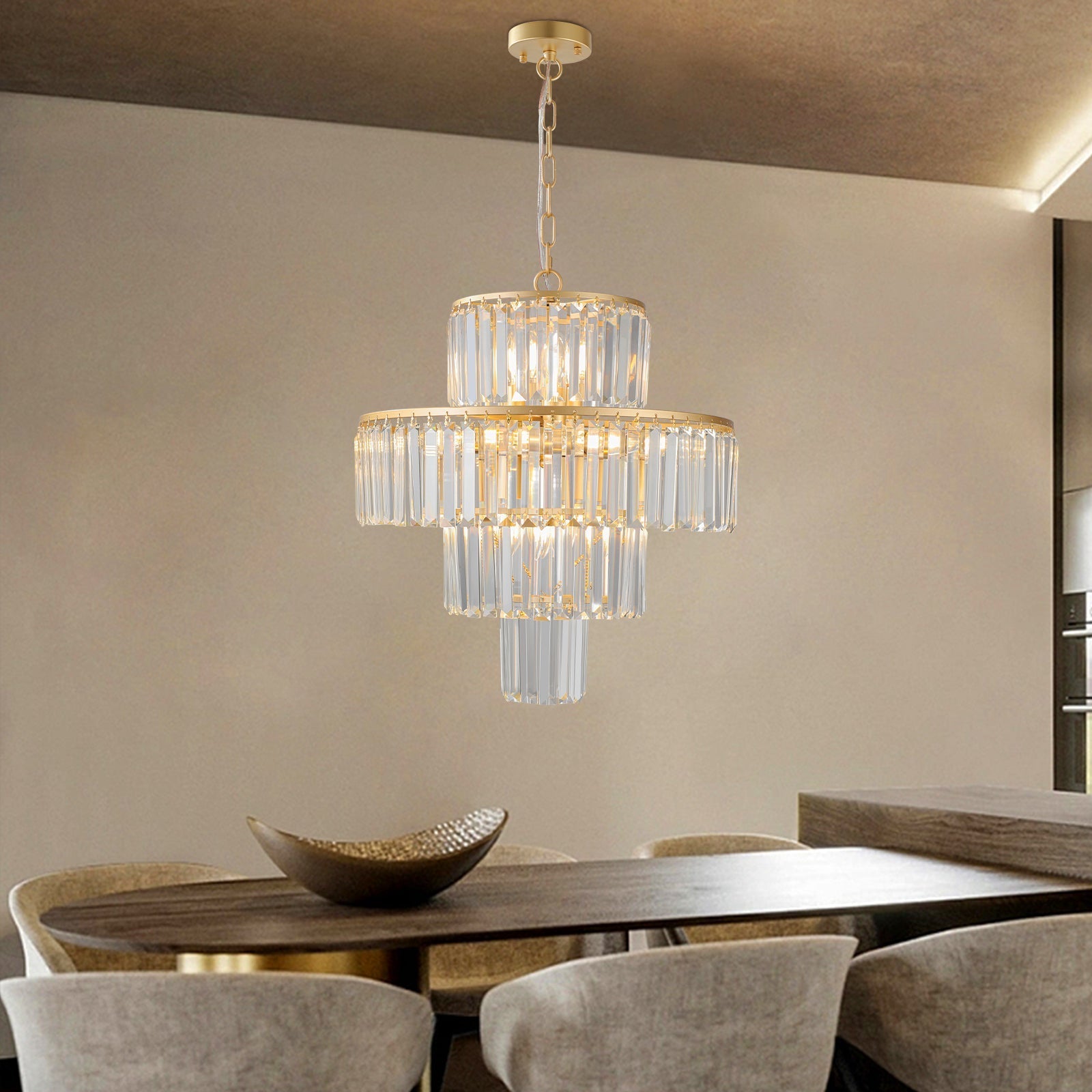 20' Modern Crystal Chandelier with Gold Finish, 4-Tier Design for Dining Room or Living Room, Elegant Crystal Pendant Light Fixture (Bulb Not Included)