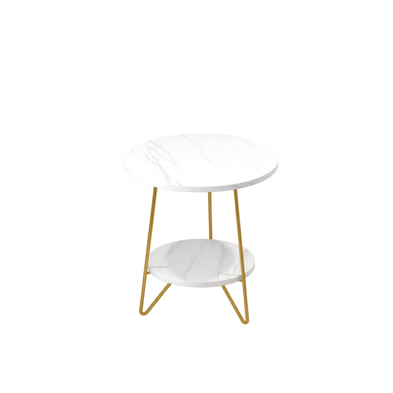 Round End Table With Hairpin Legs, 2 Tier For Living Room - White / Gold