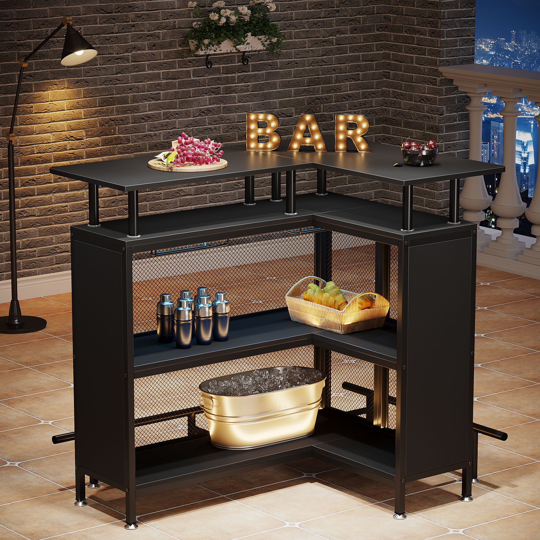 L Shaped Home Mini Bar Table With 2 Tier Shelves & Glass Racks - Black