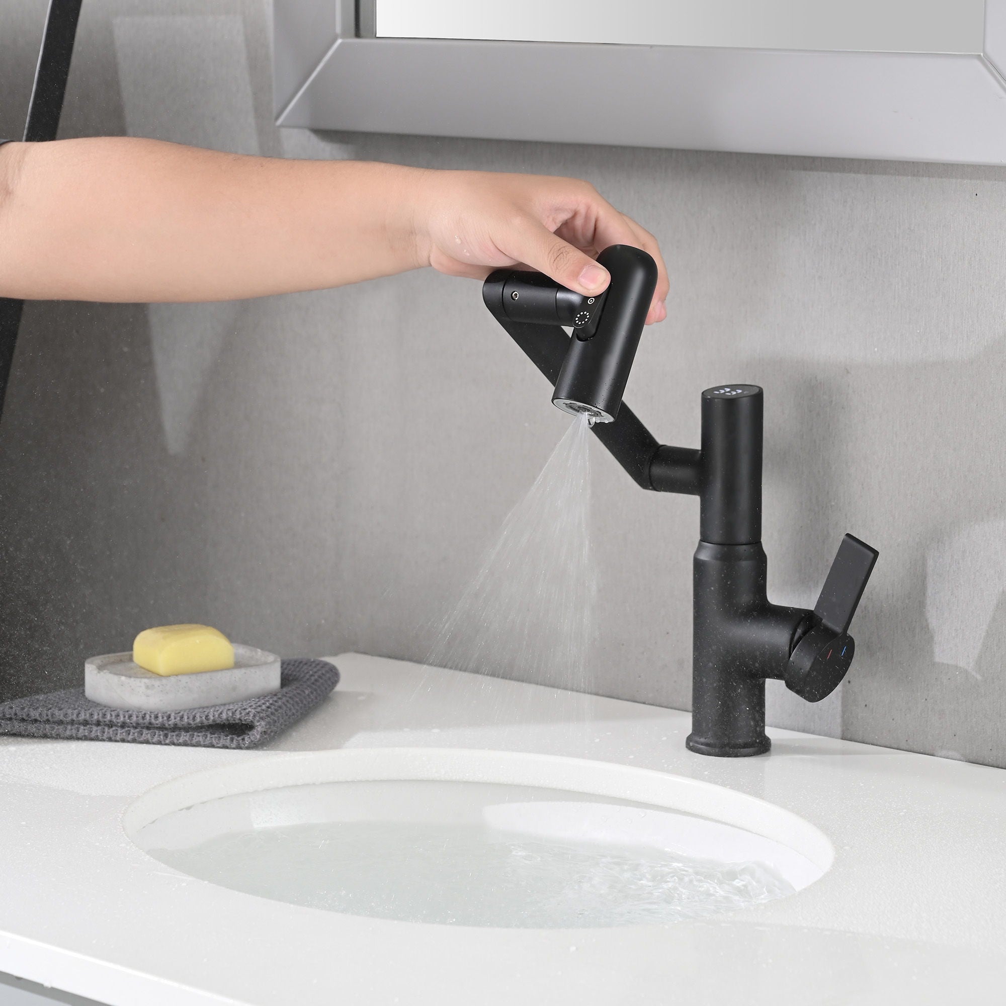 Modern Brass Bathroom Sink Faucet With Spray Function, Temperature Display & 360 Degree Rotary - Matte Black
