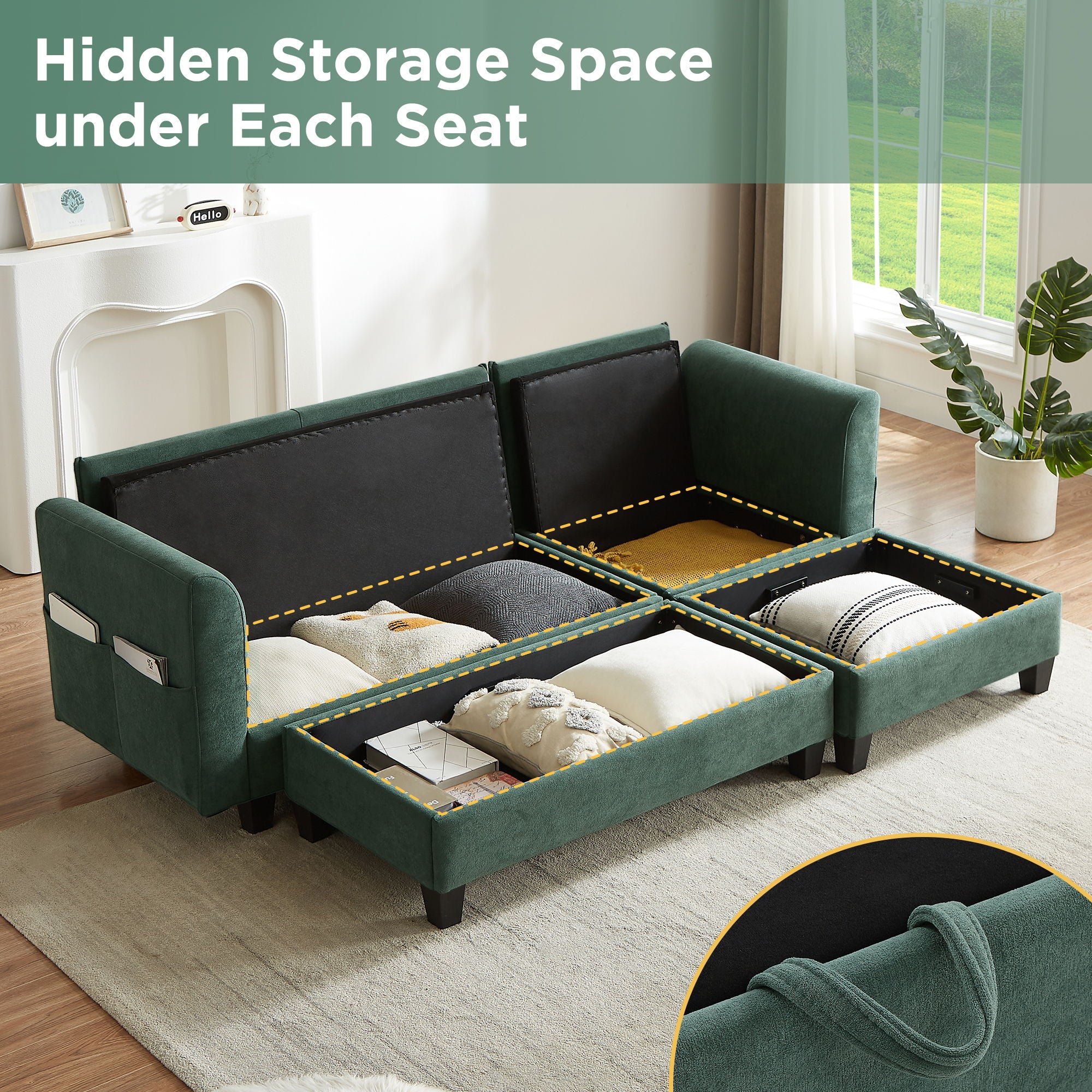 Upholstered L Shaped Sectional Sofa With Storage, Movable Ottoman, And 6 Throw Pillows