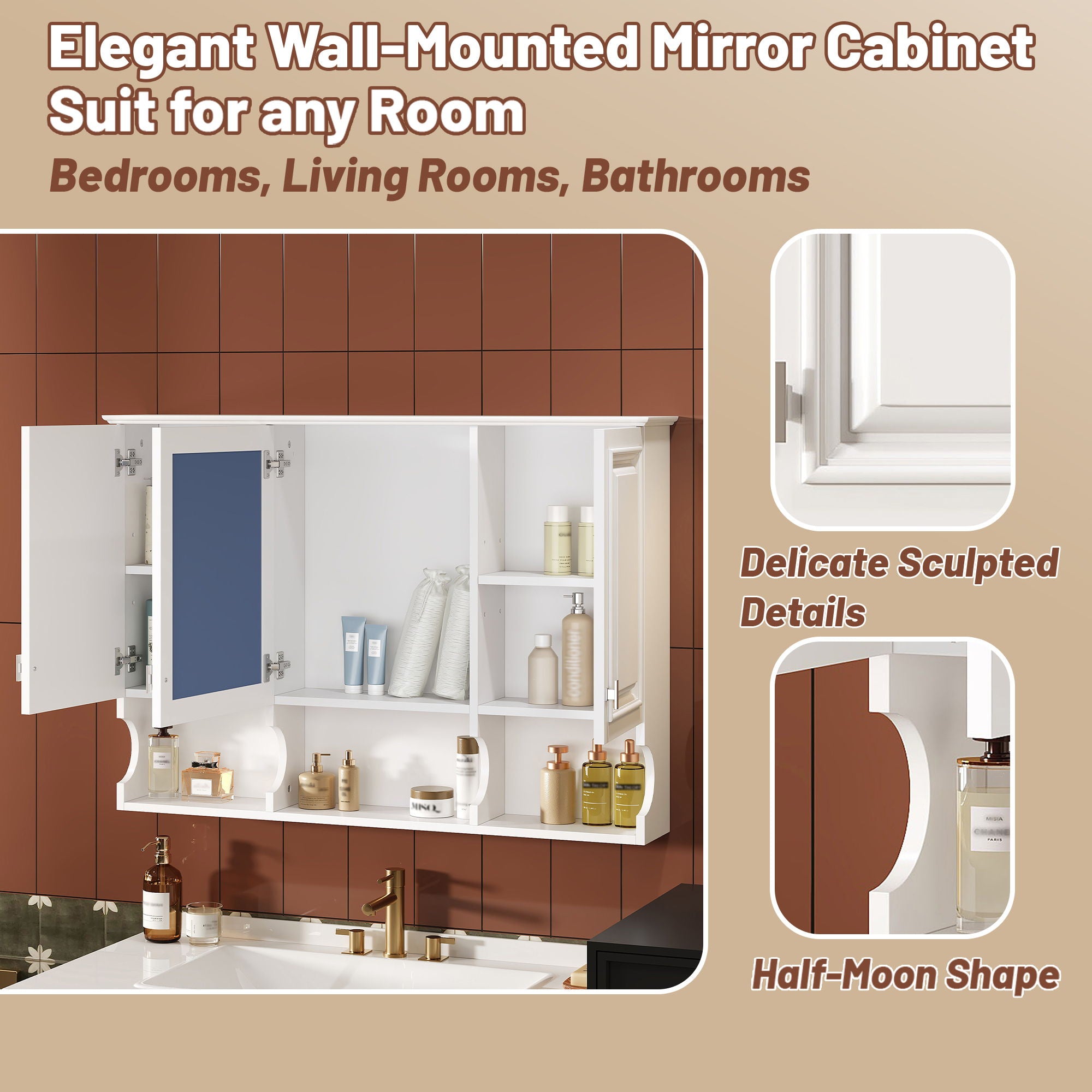 Modern Wall Mounted Mirror Medicine Cabinet With Open Shelves, Adjustable Interior, Storage Over Toilet
