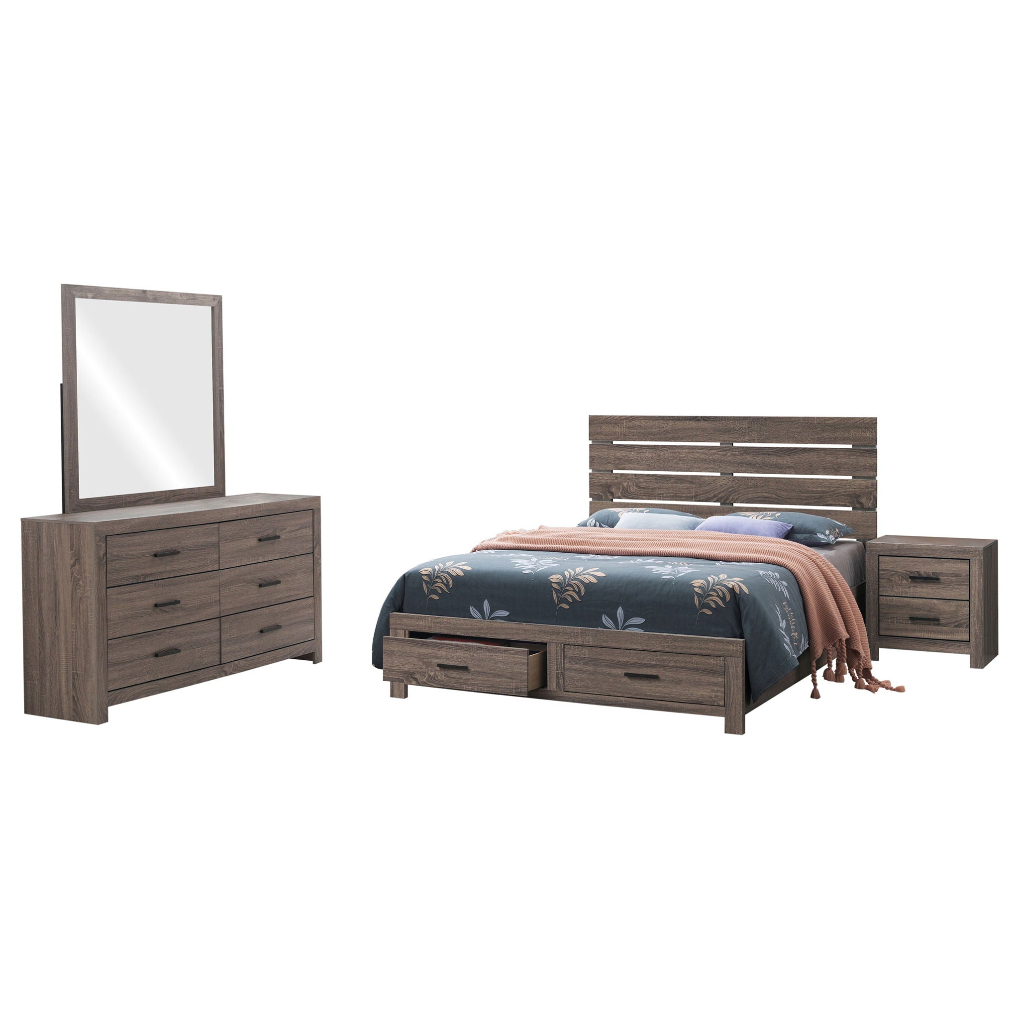Sher - 4 Piece Queen Bedroom Set With Platform Bed, Nightstand, Dresser & Mirror - Oak