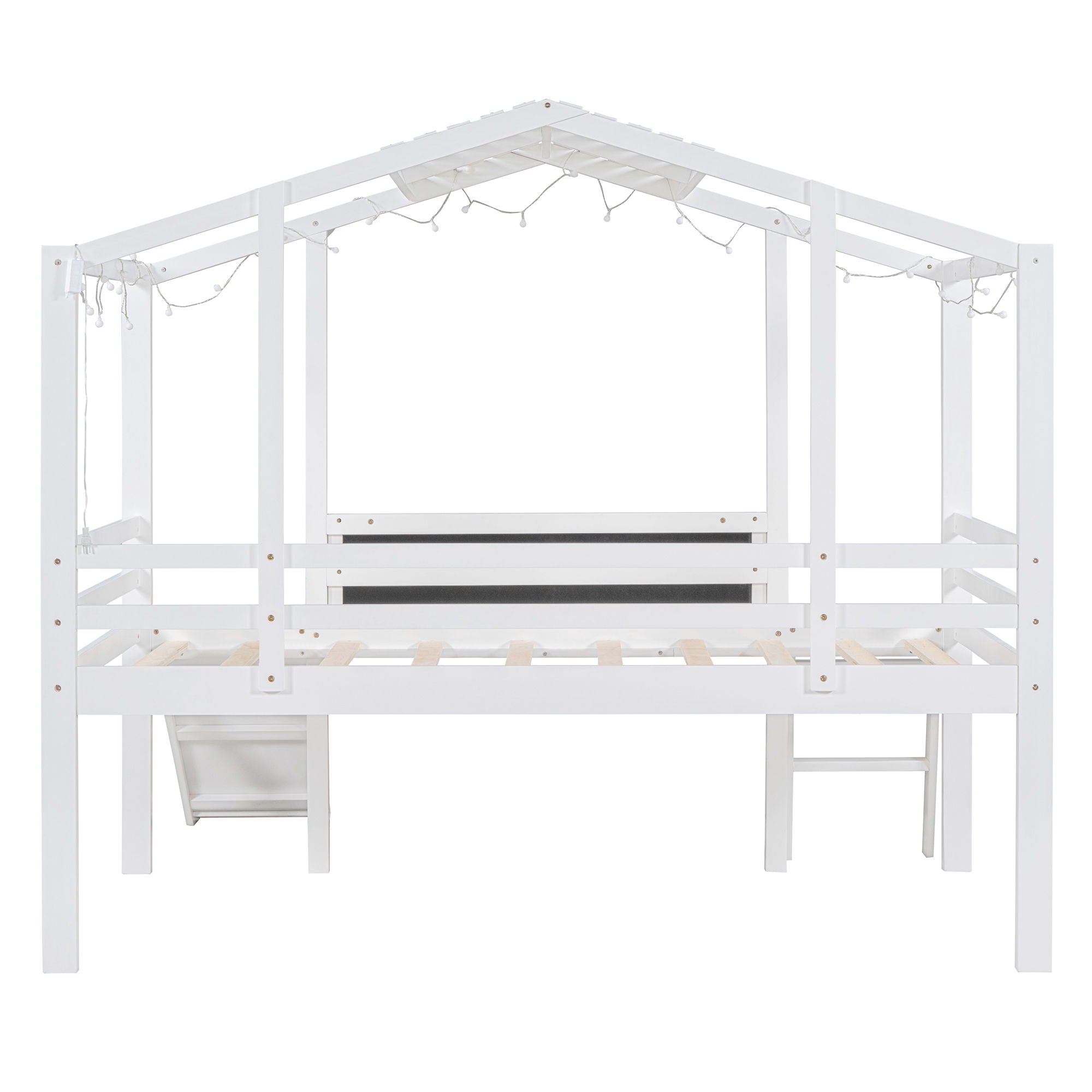 Loft House Bed With Ladder And Slide, With Blackboard And Light Strip On The Roof