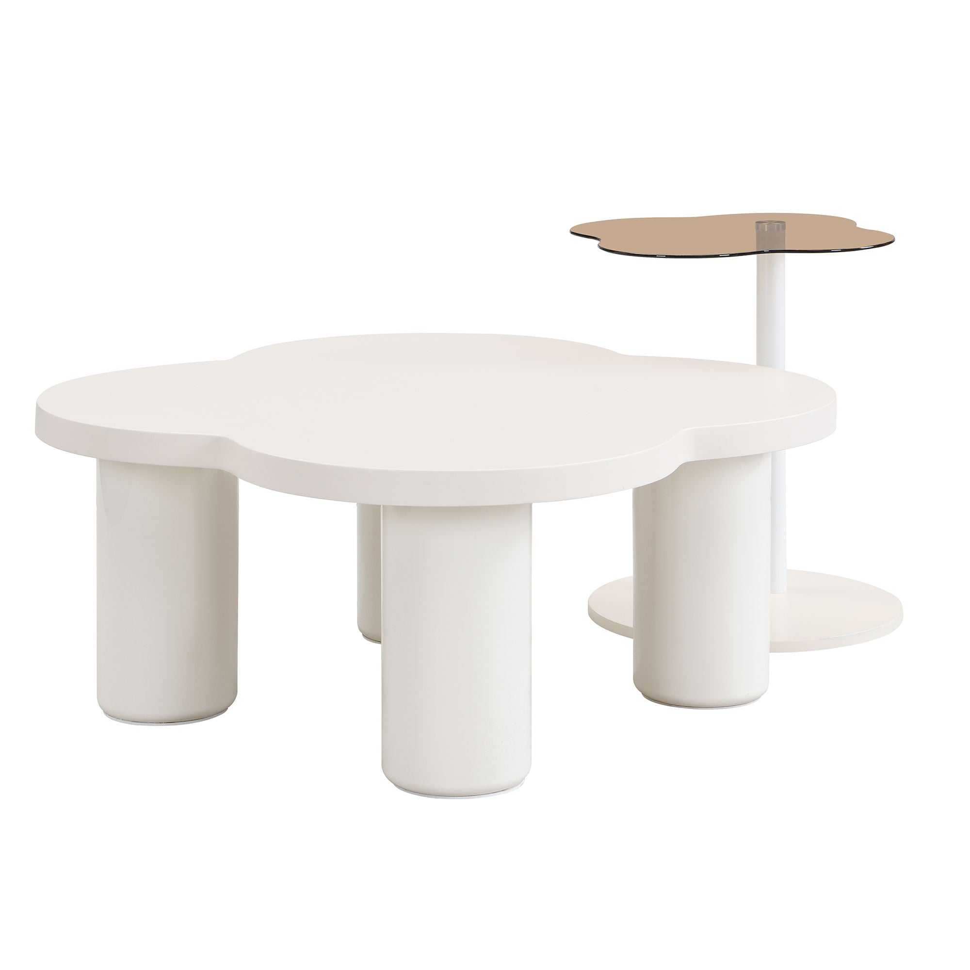 Modern Coffee Table (Set of 2), Irregular Shape Coffee Table With Four Roman Column Legs And End Table With Glass Top For Living Room - White