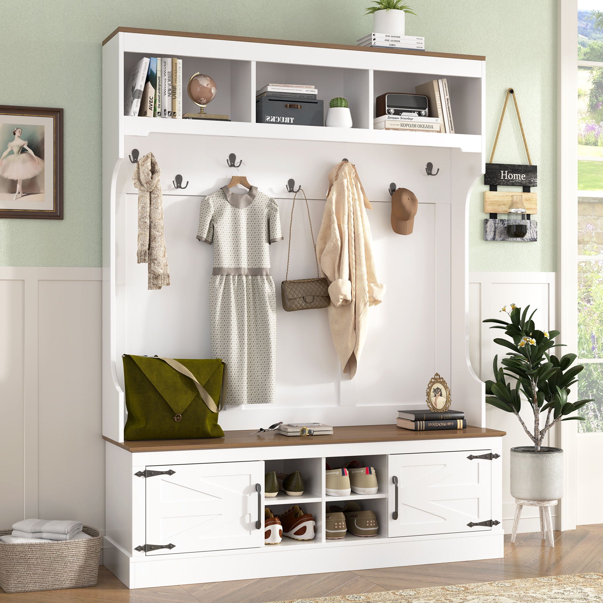 Farmhouse Hall Tree With Bench And Shoe Storage