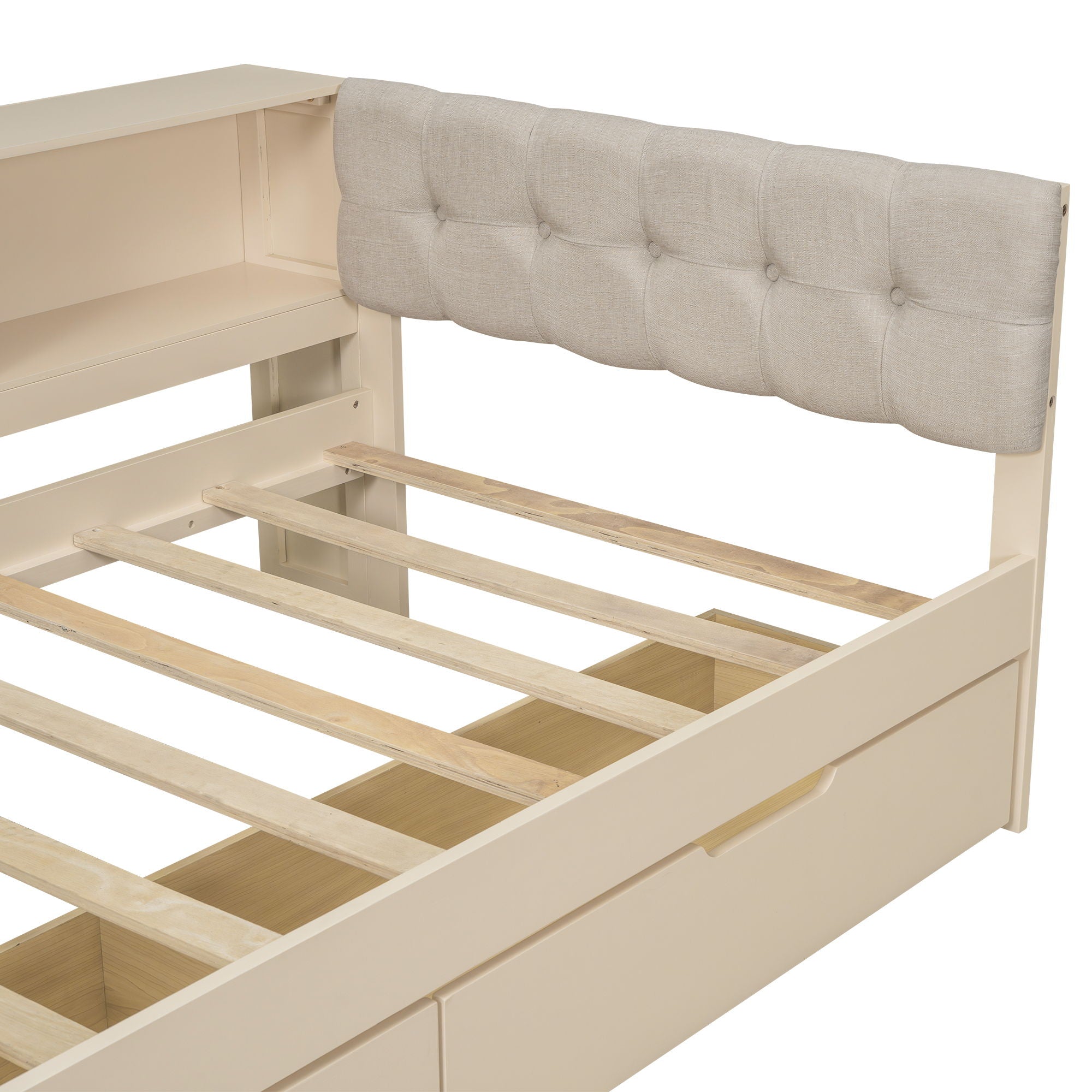 Upholstered Headboard Platform Bed With Storage Shelves, Drawers, Charging Station