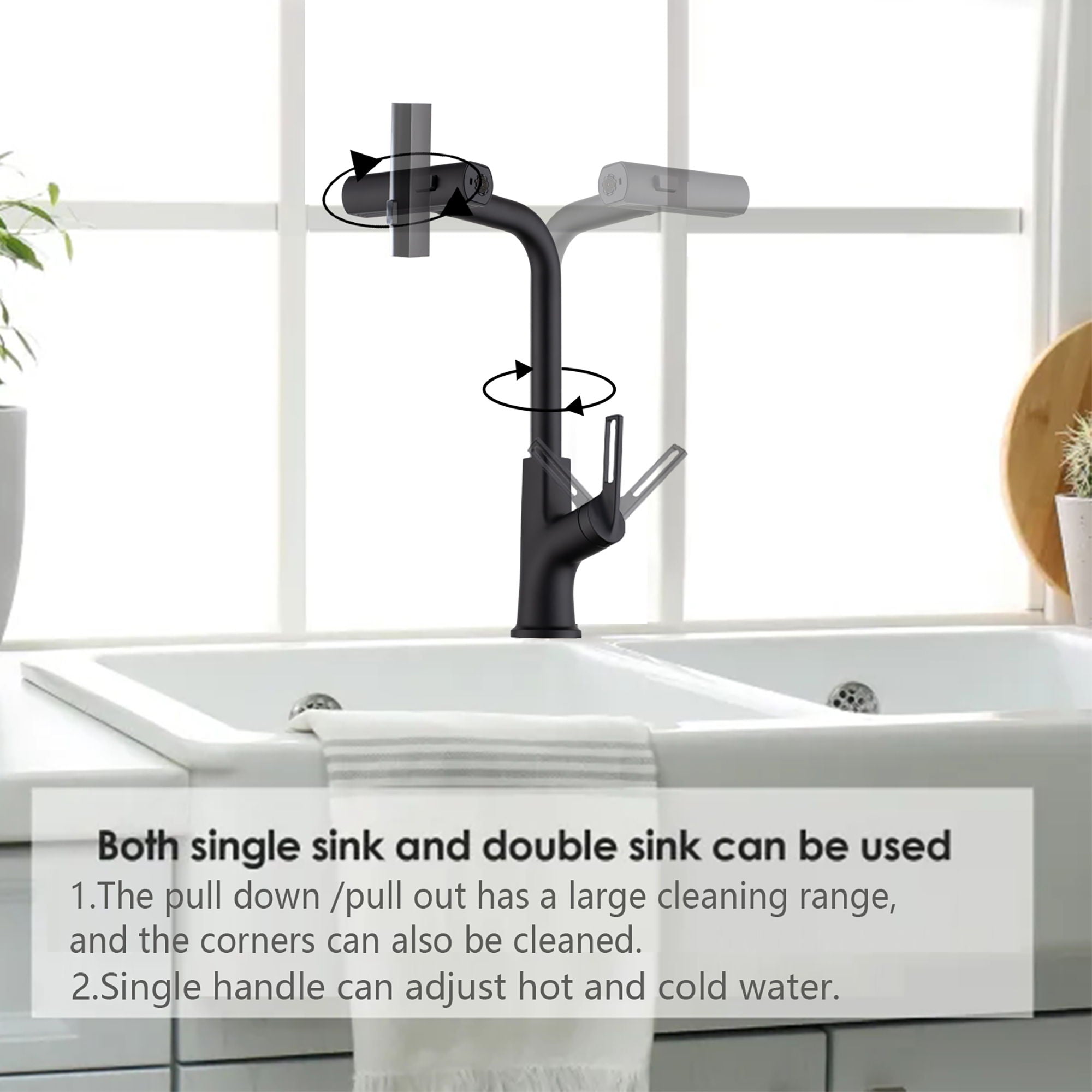 Modern Kitchen Waterfall Faucet With Pull Down Sprayer, Single Handle, 360 Degree Rotating - Matte Black