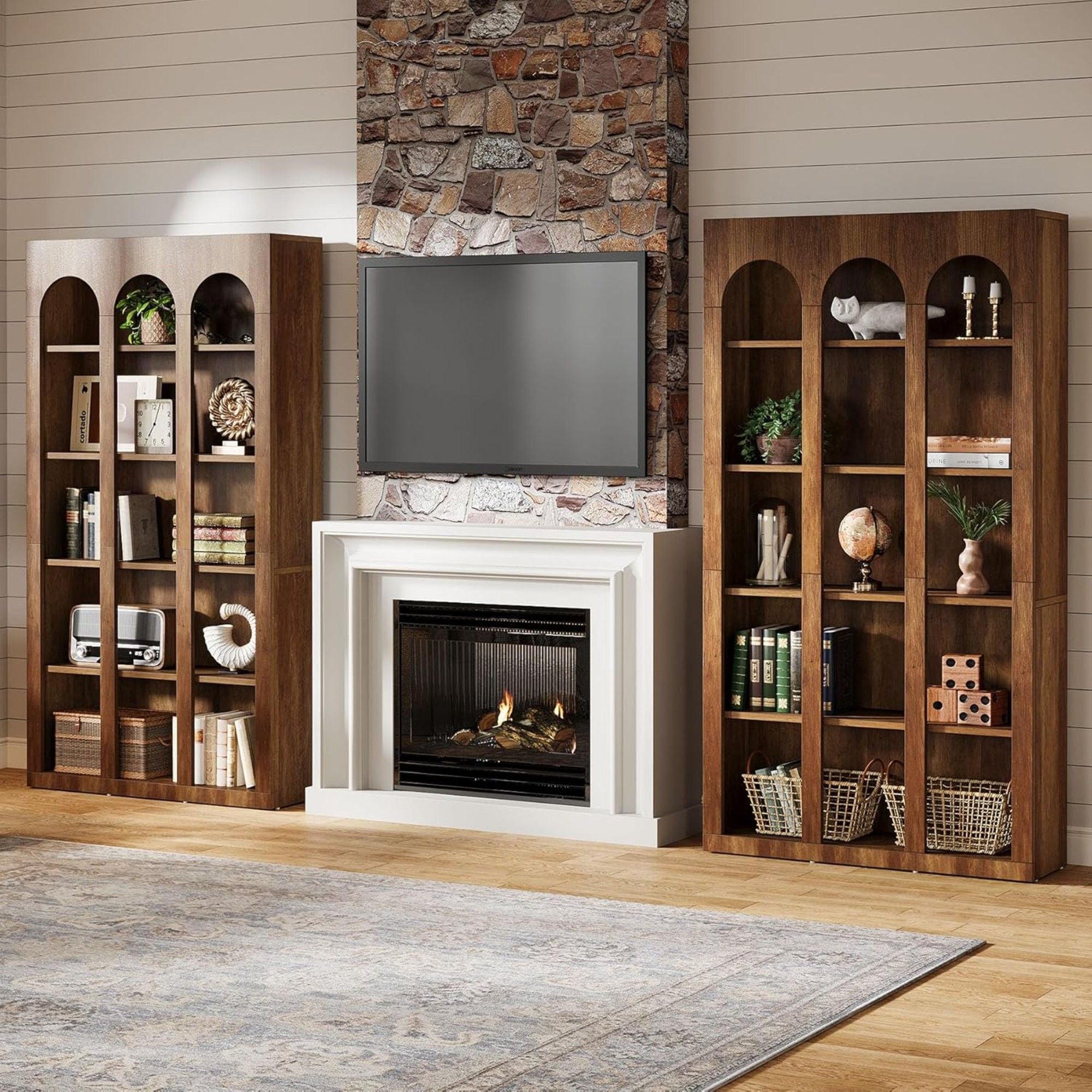 5 Tier Farmhouse Arched Bookcase For Living Room - Rustic Brown