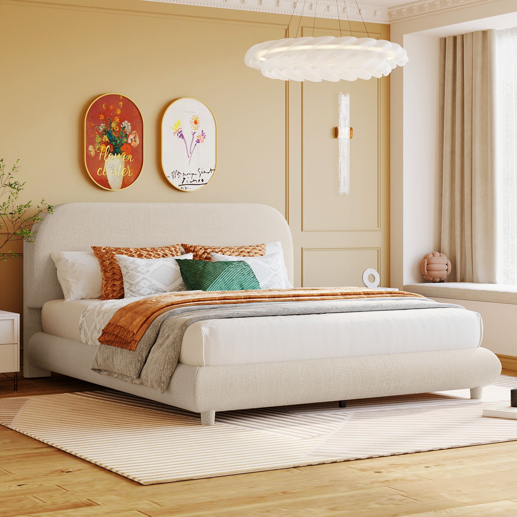 Upholstered Platform Bed With Thick Solid Frame And Stylish Curve-Shaped Design
