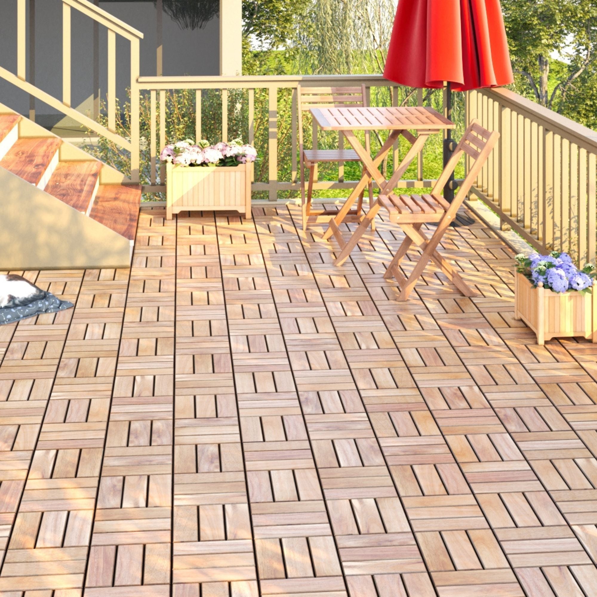 Interlocking Deck Tiles Checker Pattern, Square Acacia Hardwood Outdoor Flooring For Patio, Bancony, Pool Side