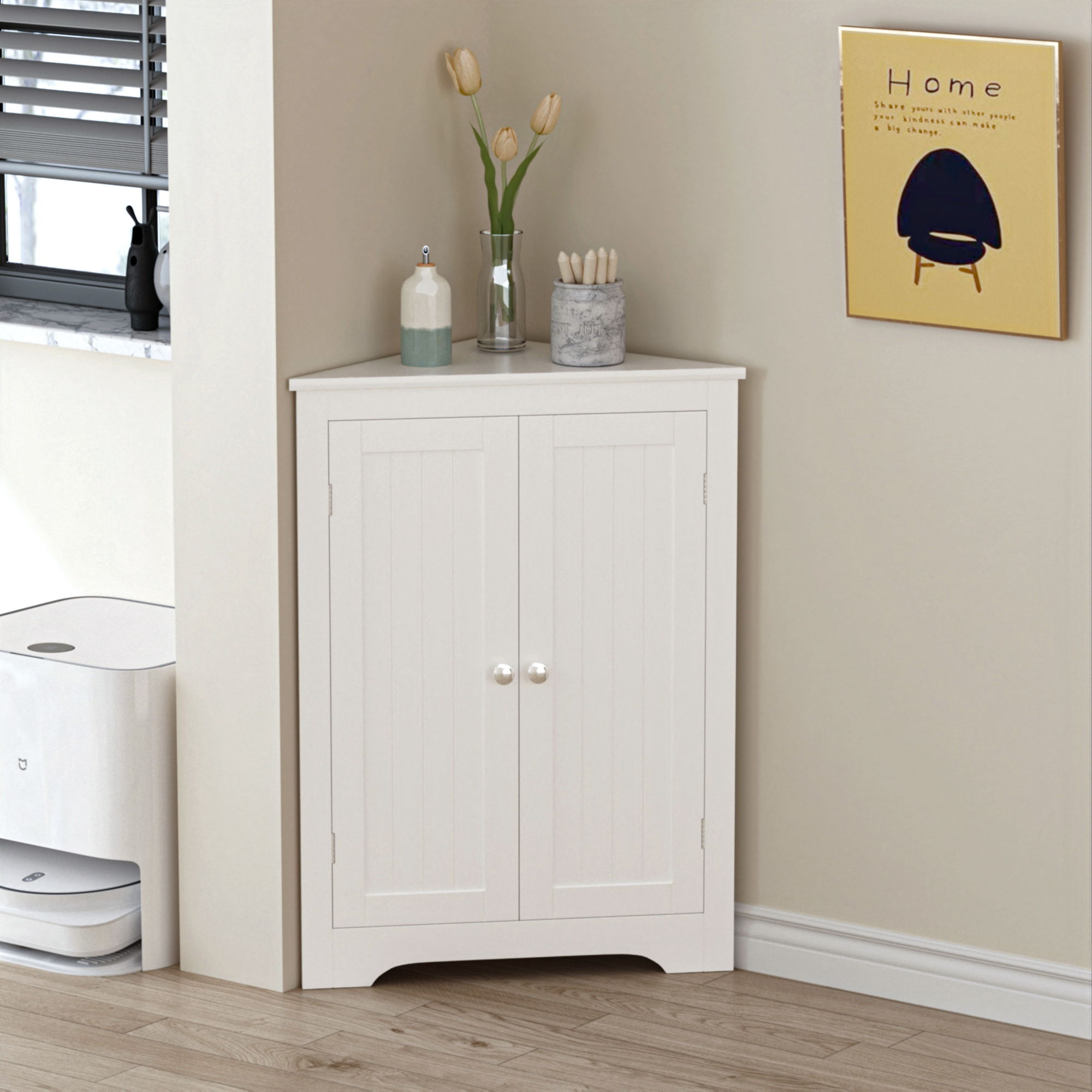 Corner Cabinet With 2 Doors And Adjustable Shelves, Freestanding Narrow Storage Organizer For Bathroom - White