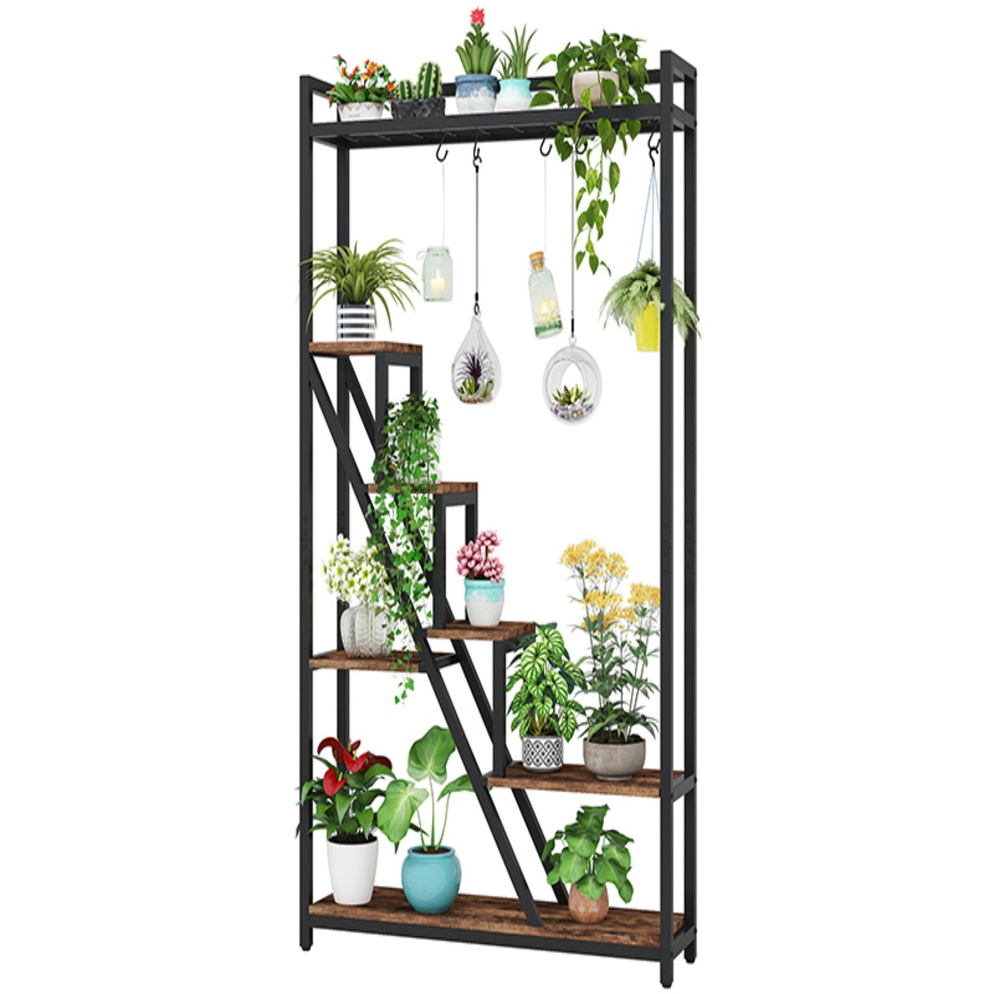7 Tier Indoor Plant Stand With 5 S-Hooks - Brown / Black