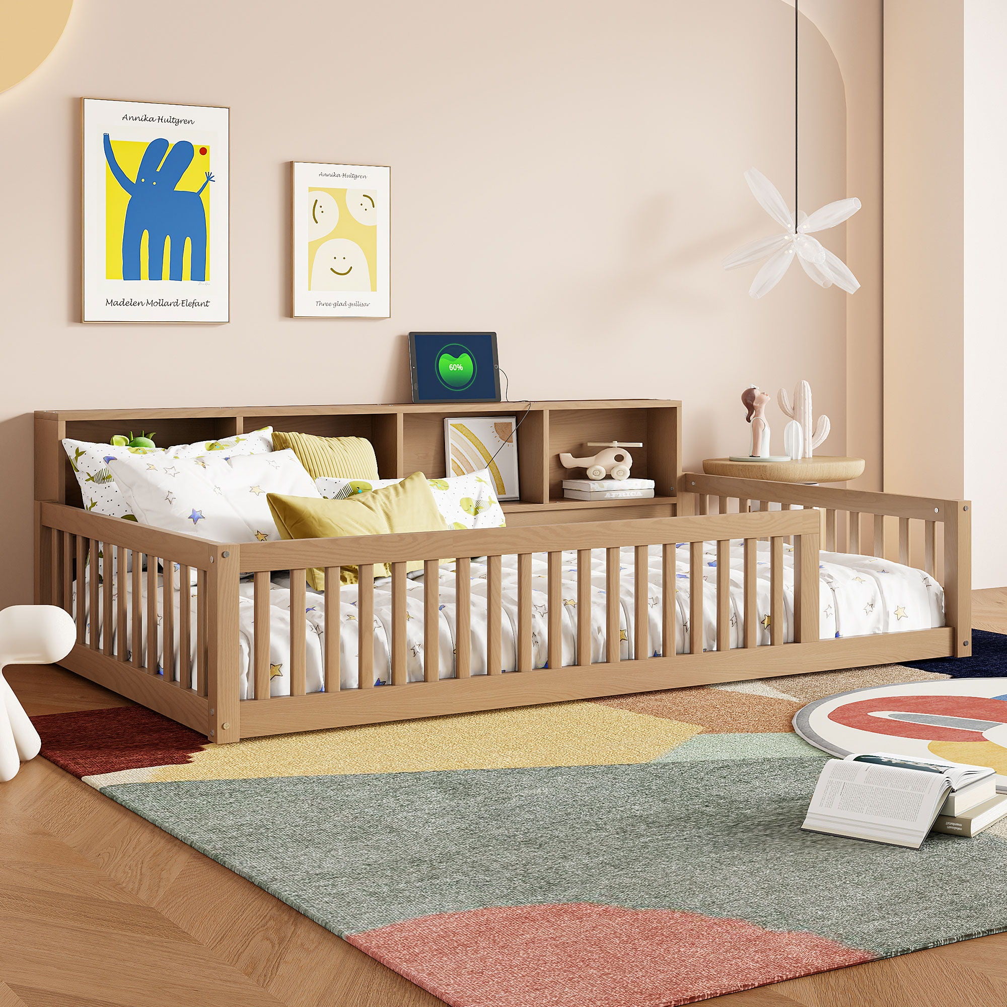 Floor Bed With Storage Cabinets And USB Ports