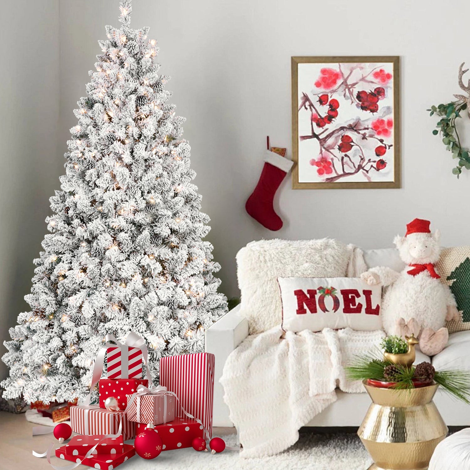 6FT-Flocked-Christmas-Tree-with-350-UL-Lights-and-35-Natural-Pine-Cones-–-Snowy-PVC-Tips,-888-Tips,-Hinged-Structure,-Stable-Metal-Stand,-Easy-Setup-Christmas-Trees