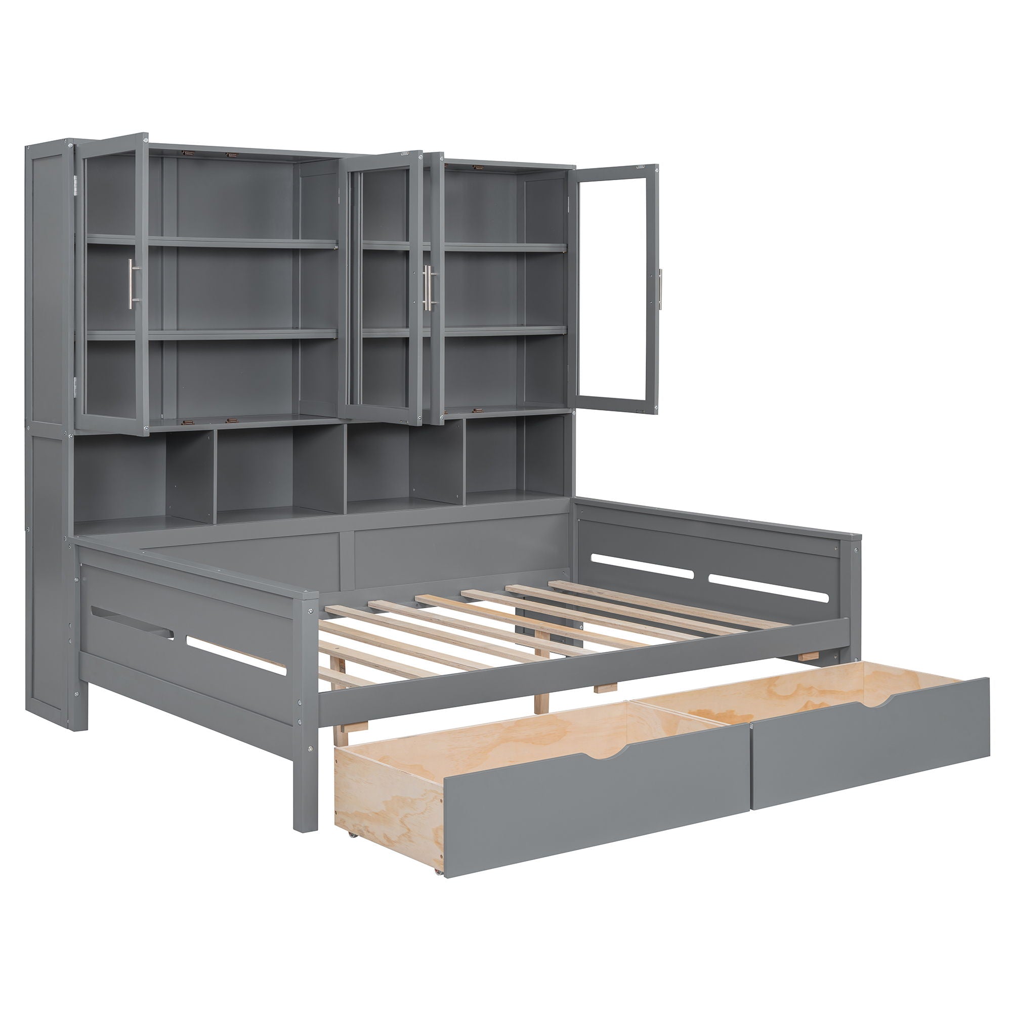 Daybed With Glass Door Storage Cabinets, Built In LED Lighting And Shelves