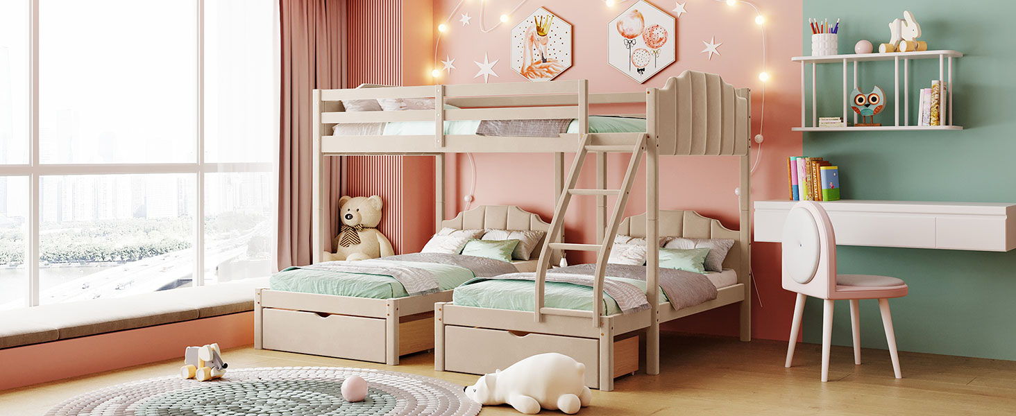Bunk Bed, Triple Bed With Drawers And Guardrails