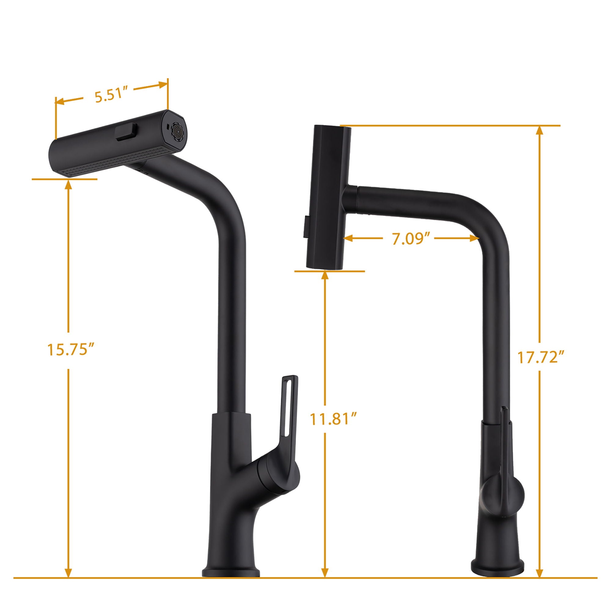 Modern Kitchen Waterfall Faucet With Pull Down Sprayer, Single Handle, 360 Degree Rotating - Matte Black