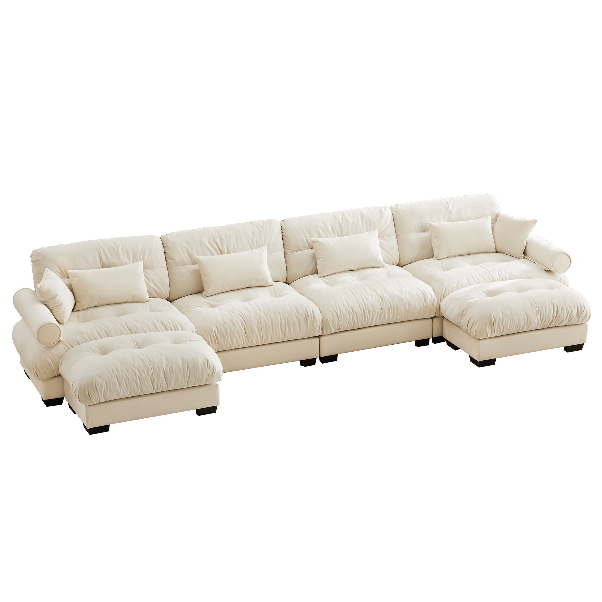 Modern Sectional Sofa With Ottoman, Round Bolster Armrests, Waist And Throw Pillows