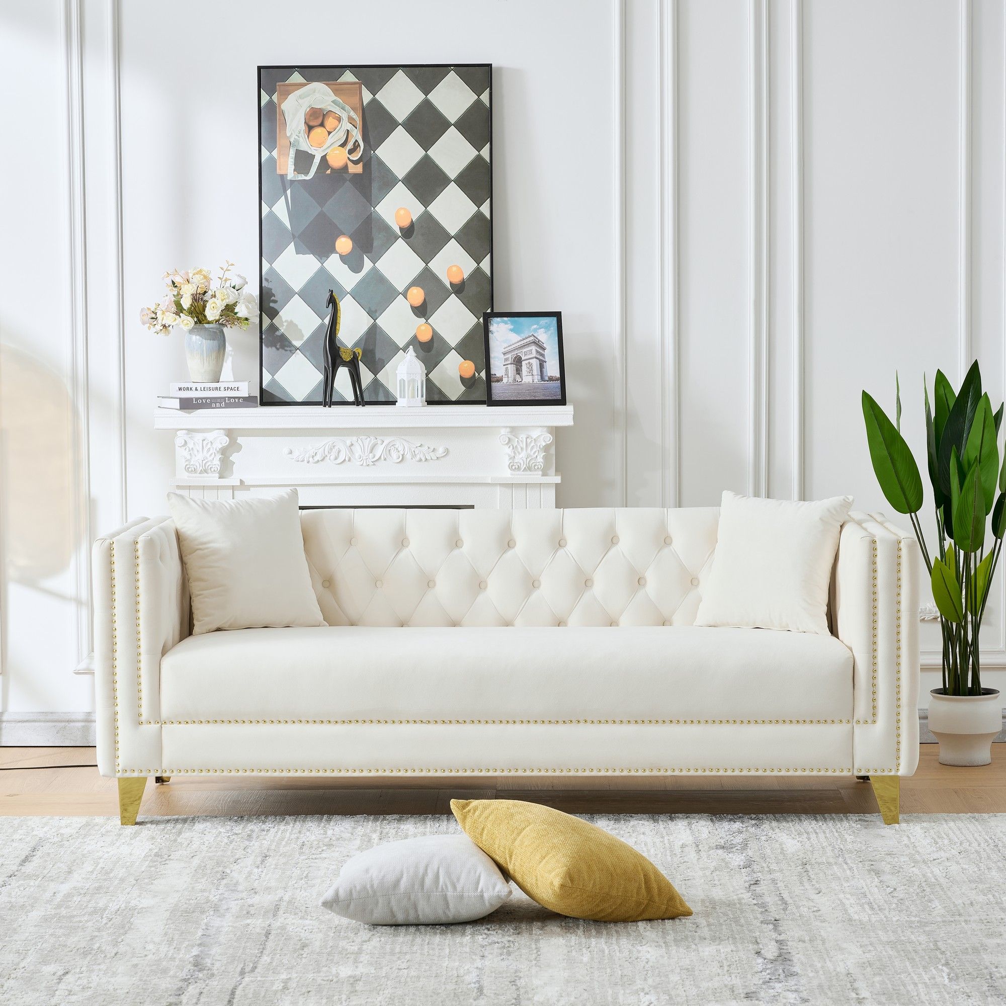 3 And 2 Seater Deep Seat Sofa With Button Nailhead, Square Arm Couches, Furniture For Living Room - Beige