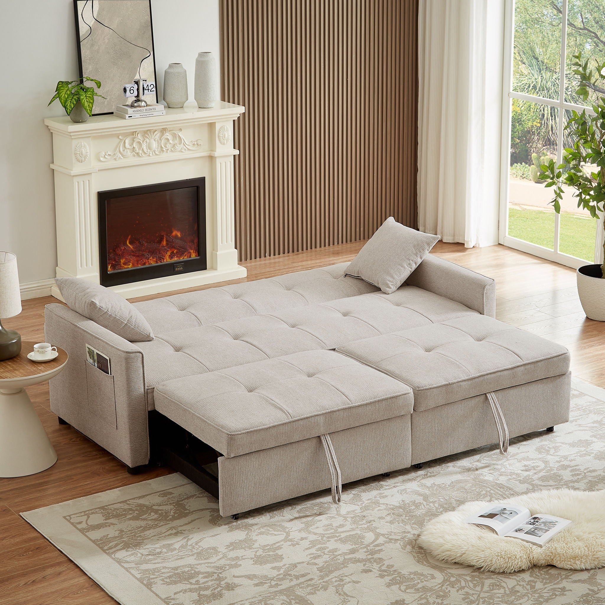 3 In 1 Convertible Sleeper Sofa Bed, Reclining Backrest, Pillows, Pockets